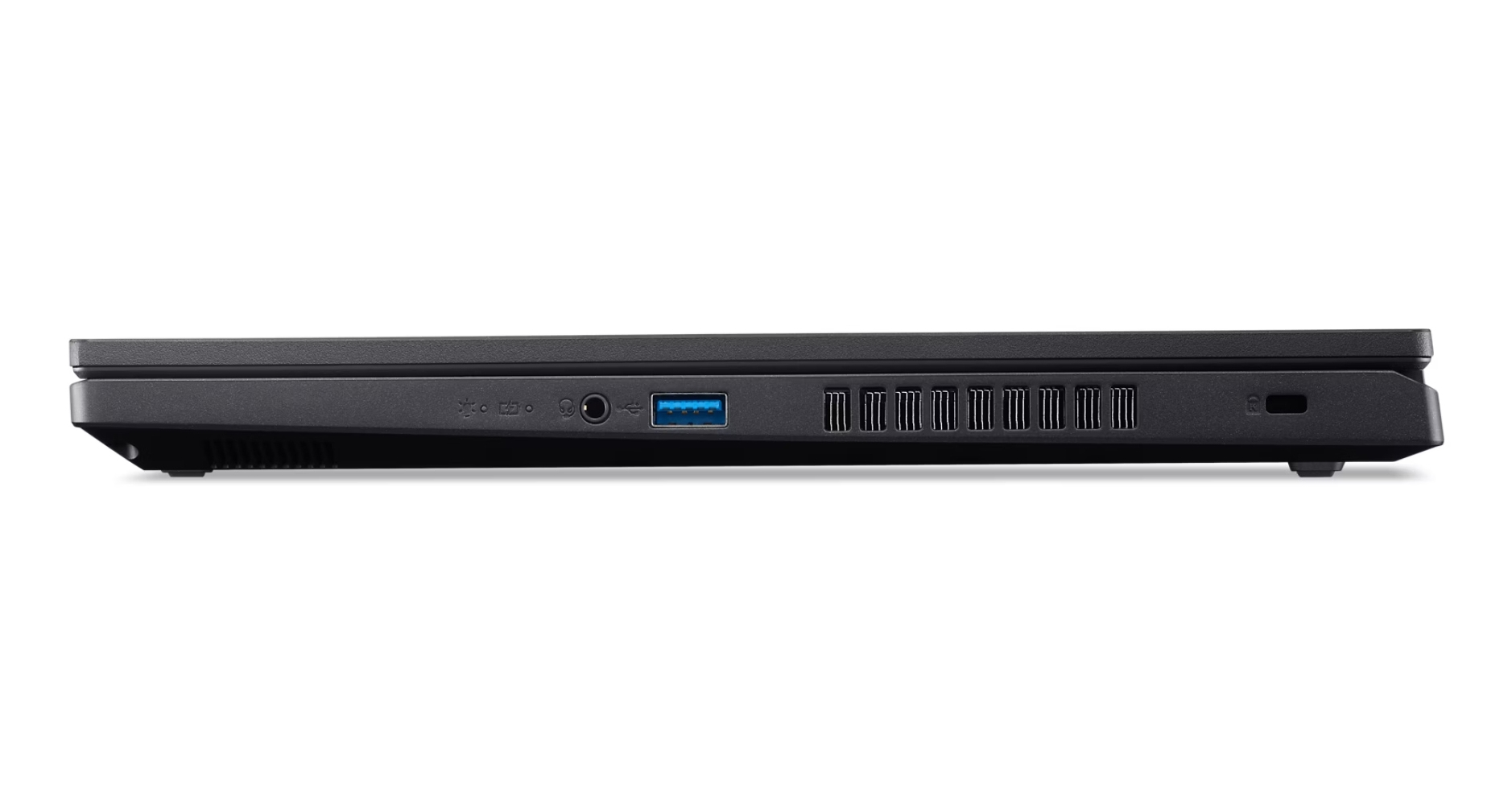 Vista laterale di un laptop nero. Le porte visibili includono USB, jack audio e griglie di ventilazione. Lo sfondo è bianco.