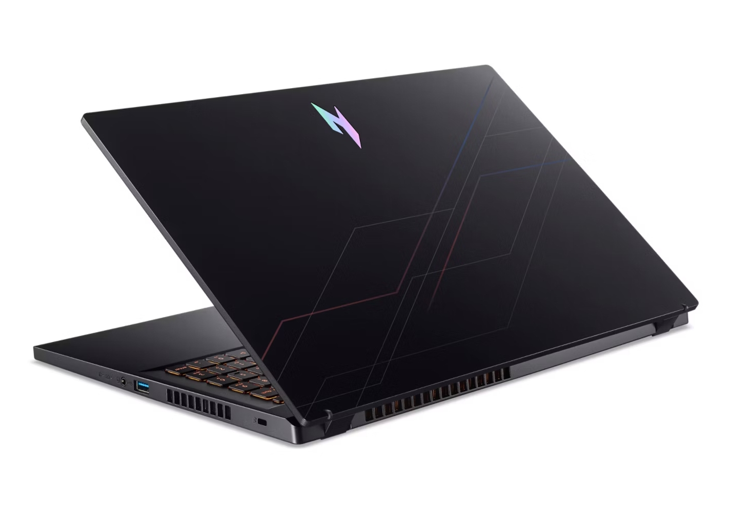 Laptop nero con coperchio aperto, tastiera visibile. Logo sul coperchio. Design geometrico sul retro. Sfondo bianco.