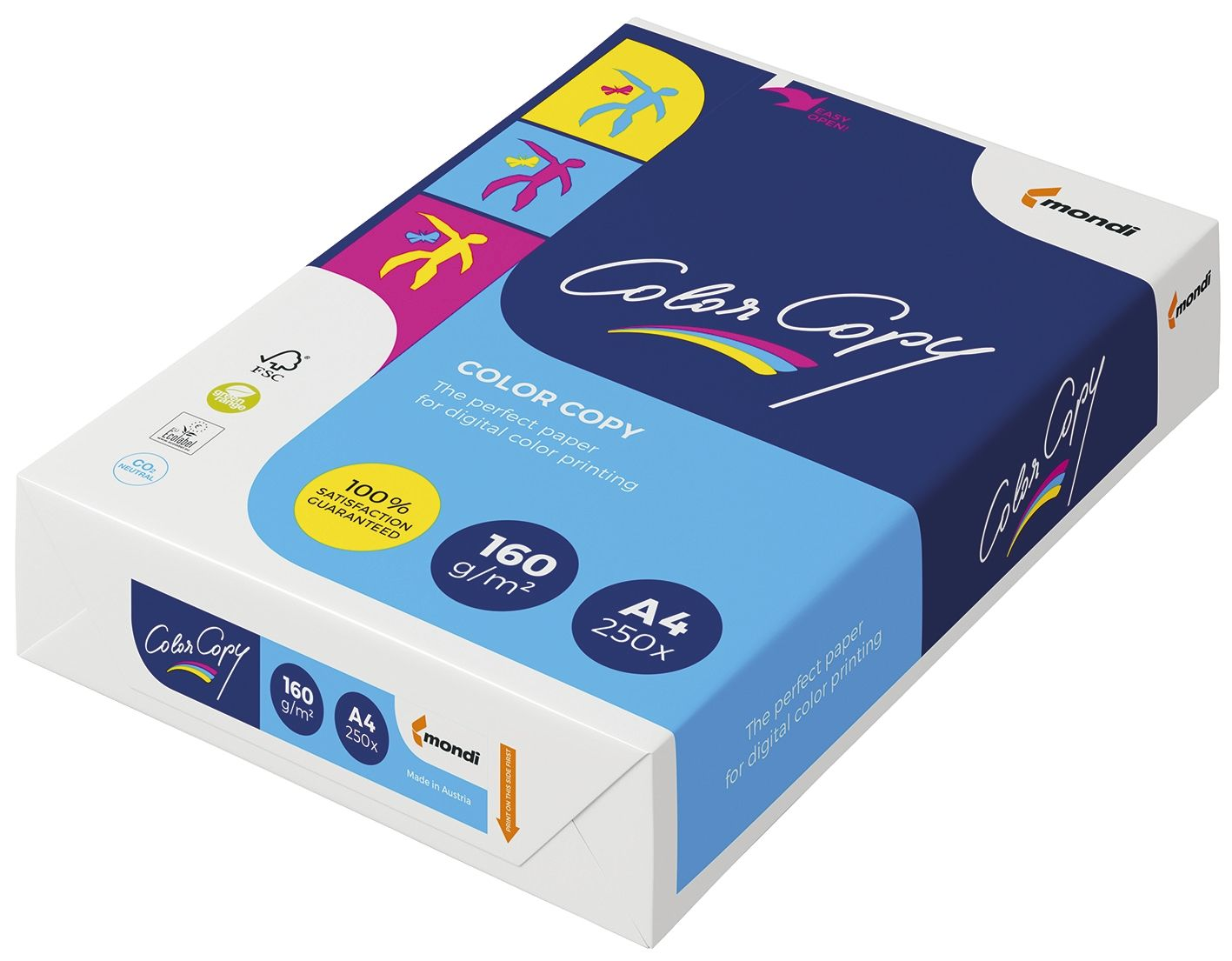 Gezeigt wird eine Packung 'Color Copy'-Papier. Sie hat ein blau-weißes Design mit Text und Logos, die Produktdetails anzeigen.