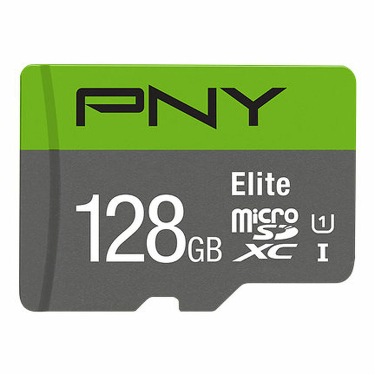 PNY Elite microSD-Karte. Grüner oberer Abschnitt mit PNY-Logo. Grauer Abschnitt mit 128 GB, Elite und microSD-Details.