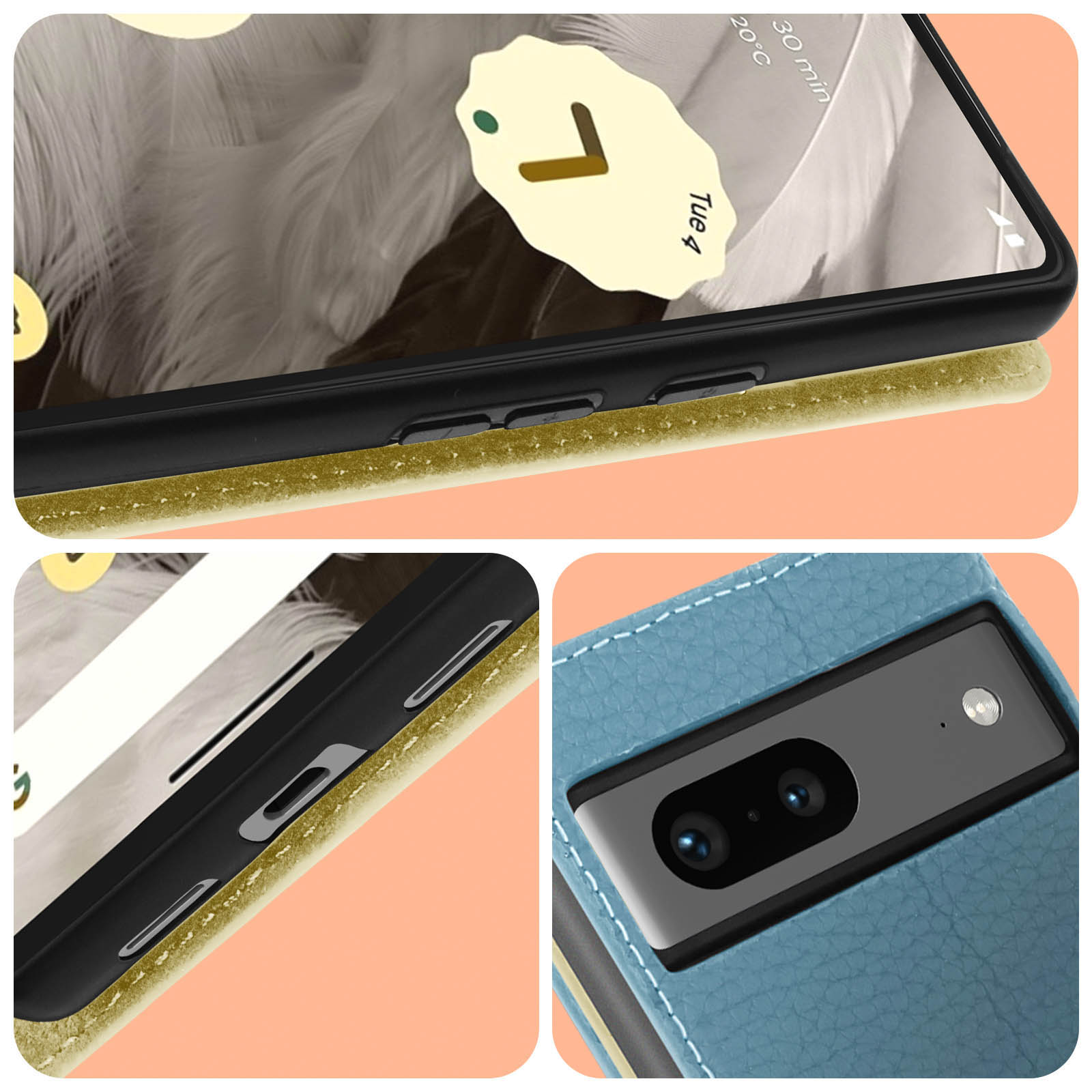 Close-up van een telefoon in een hoesje, met knoppen, scherm en cameramodule. De hoes is van leer, met stikseldetails.