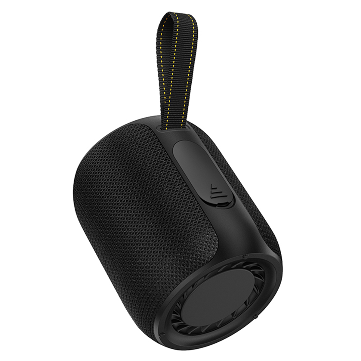 Un haut-parleur portable noir avec une sangle noire et jaune est affiché. Le haut-parleur a un corps en mesh et un panneau de commande.
