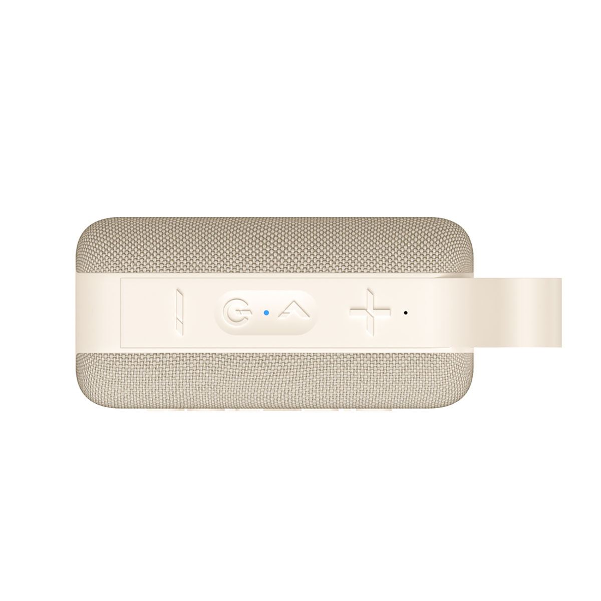 Un haut-parleur beige avec des boutons de commande et une sangle sur fond blanc.
