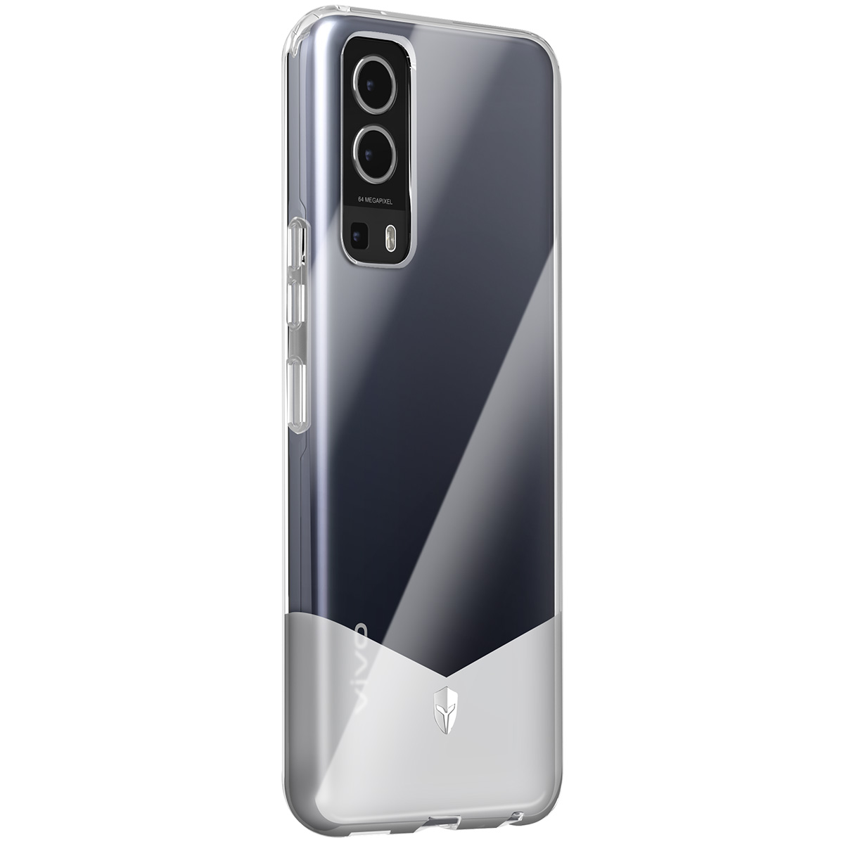 Una custodia trasparente per telefono con un design sfumato grigio e bianco. Ha un ritaglio per la fotocamera e il logo Vivo.