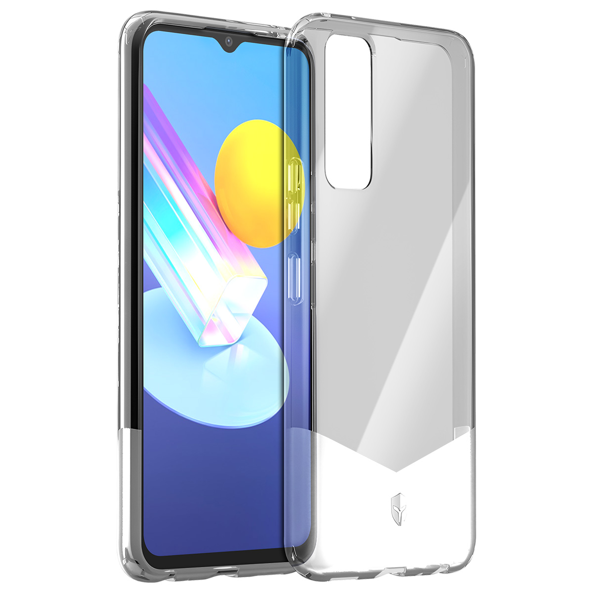 Una custodia trasparente accanto a uno smartphone con sfondo blu e giallo.