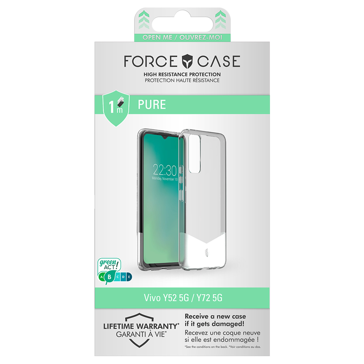 Una confezione di custodia per telefono con un telefono all'interno. Il testo include 'FORCE CASE', 'PURE' e 'LIFETIME WARRANTY'. Il telefono mostra le 22:30.