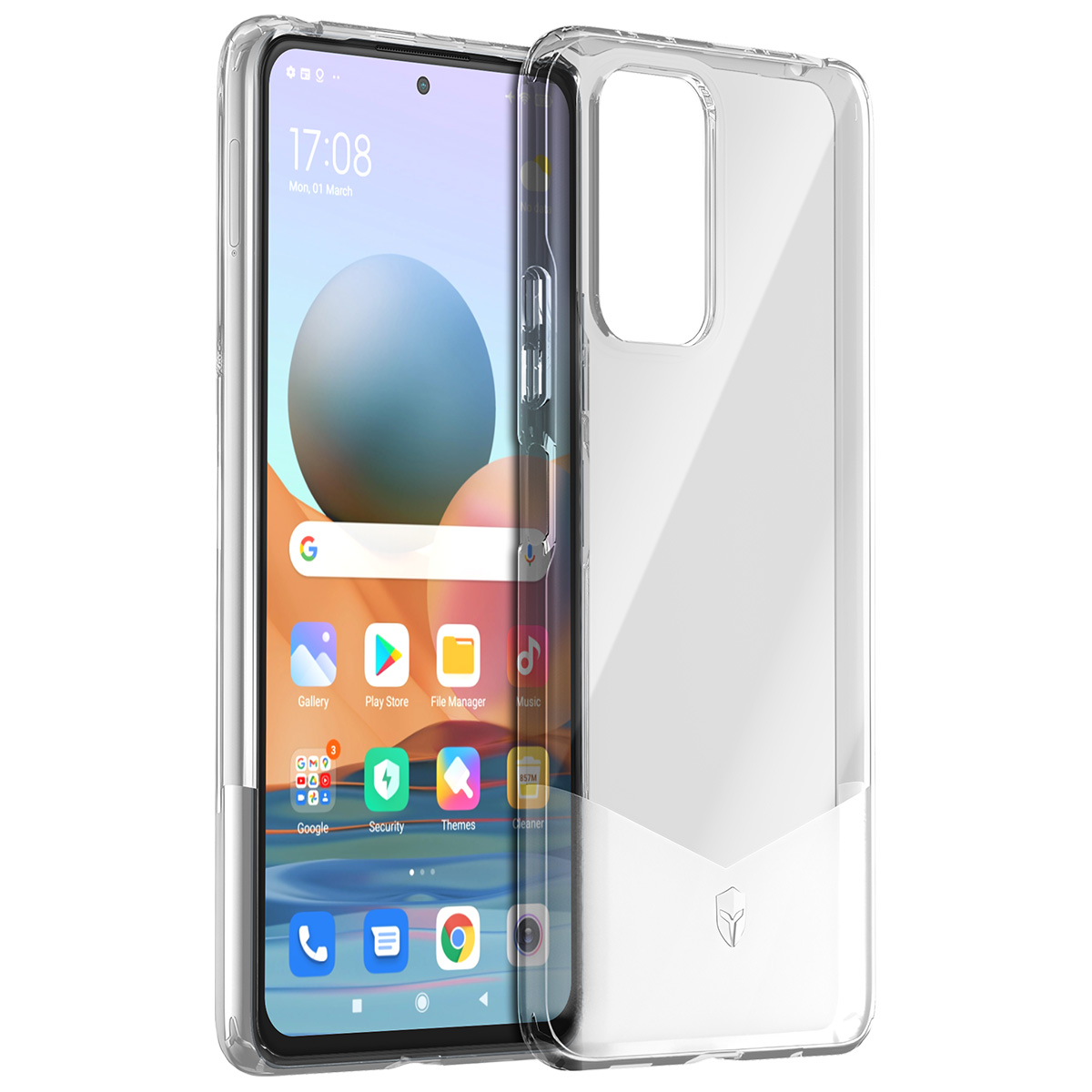 Uno smartphone in una custodia trasparente. Lo schermo mostra app come Galleria, Play Store e Google. L'ora è 17:08, lunedì 01 marzo.