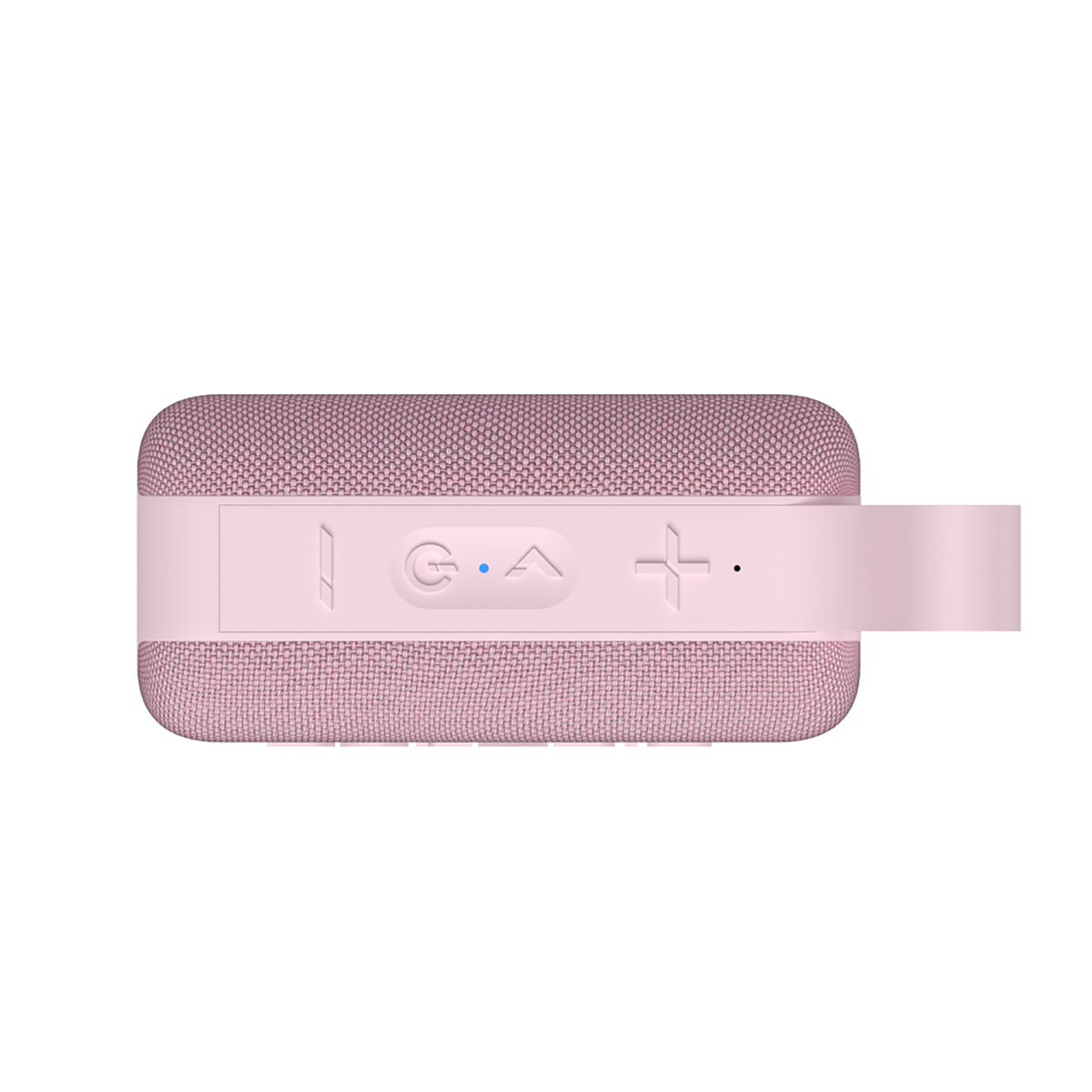 Ein rosa Lautsprecher mit Stoffstruktur und Knöpfen. Er hat einen Griff. Die Knöpfe umfassen Ein/Aus, Lautstärke und Wiedergabe.