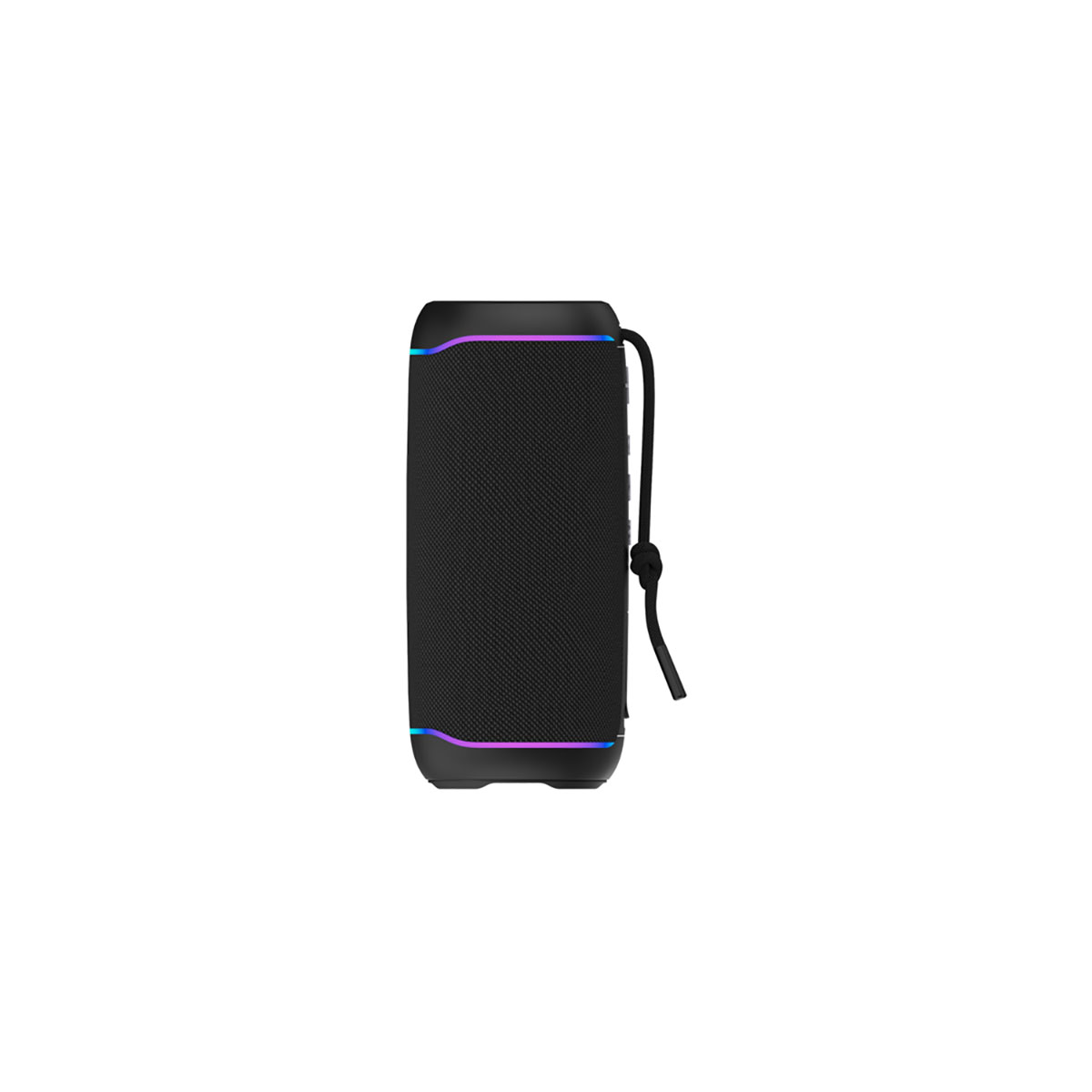 Un haut-parleur noir avec une surface texturée, une sangle de transport et des lumières colorées sur les bords supérieur et inférieur, sur fond blanc.