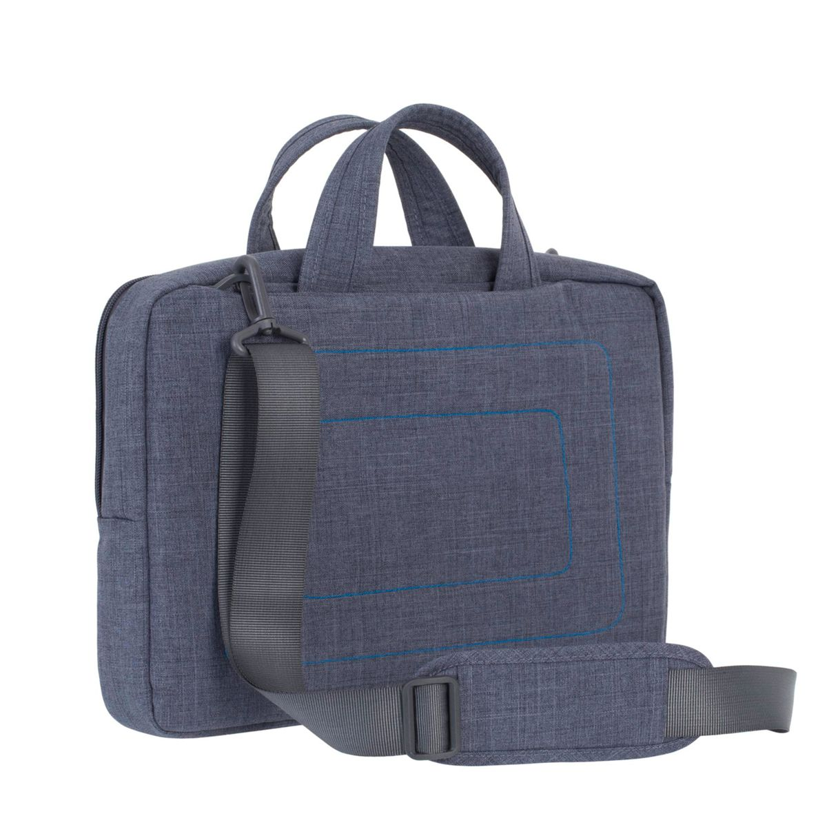Una borsa grigia per laptop con tracolla e manici. Ha dettagli di cuciture blu e un tessuto strutturato.