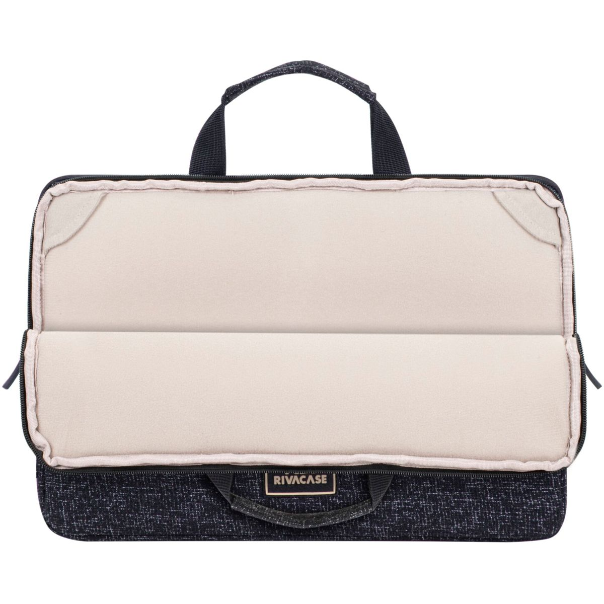 Custodia per laptop aperta con manico, esterno in tessuto nero, interno beige. Chiusura con zip. Marchio 'RIVACASE'.
