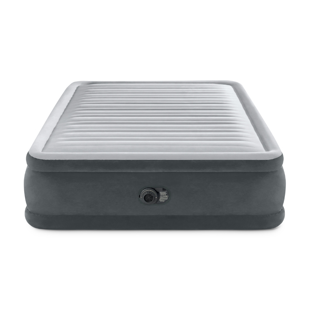Pompowany materac, szara podstawa z białym wierzchem i wbudowaną pompką z boku.