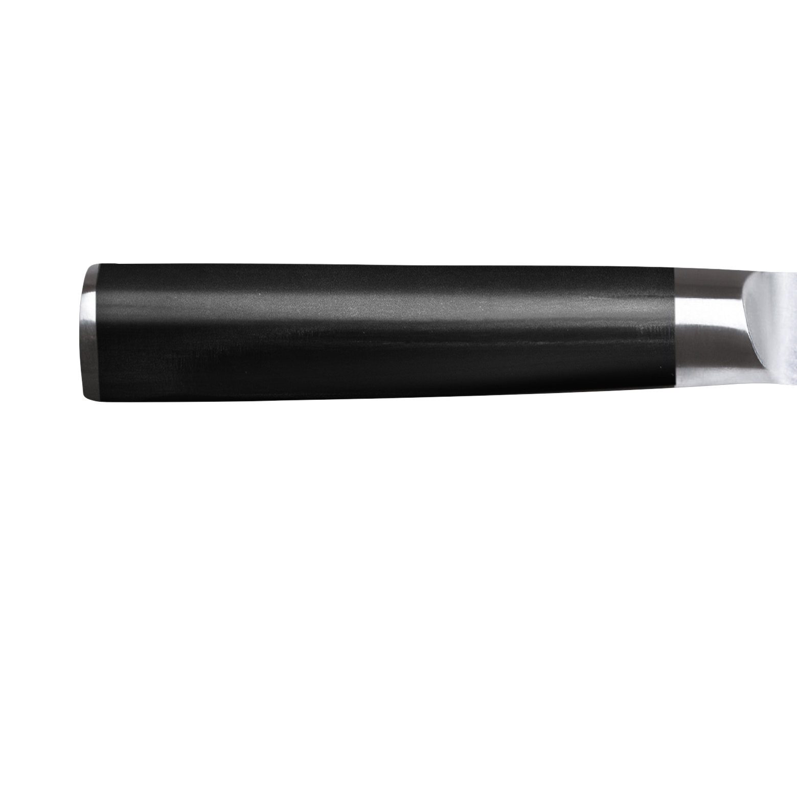 Primer plano de un mango de cuchillo. El mango negro es cilíndrico. La hoja es plateada. El fondo es blanco.