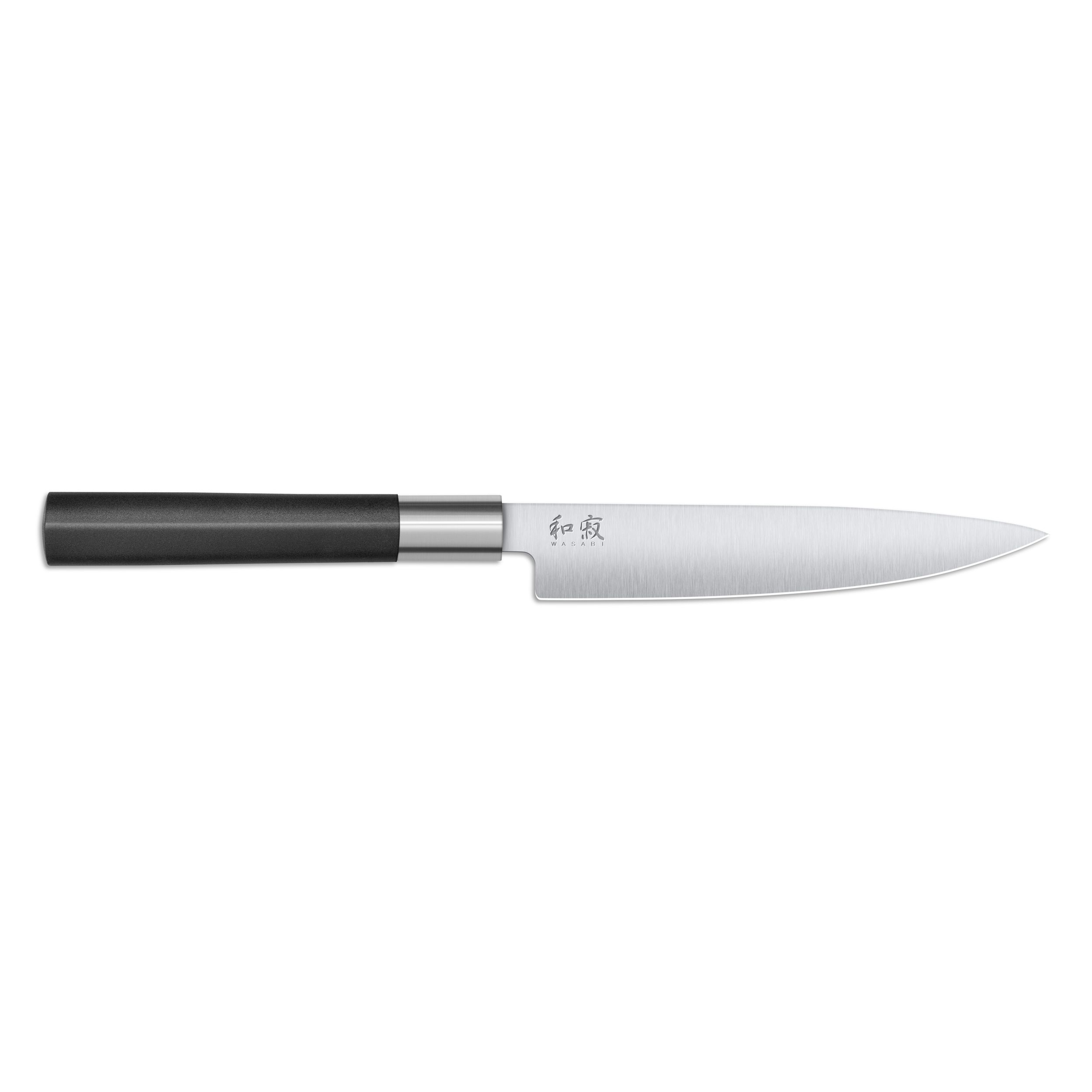 Ein Messer mit schwarzem Griff und silberner Klinge. Japanische Schrift auf der Klinge.