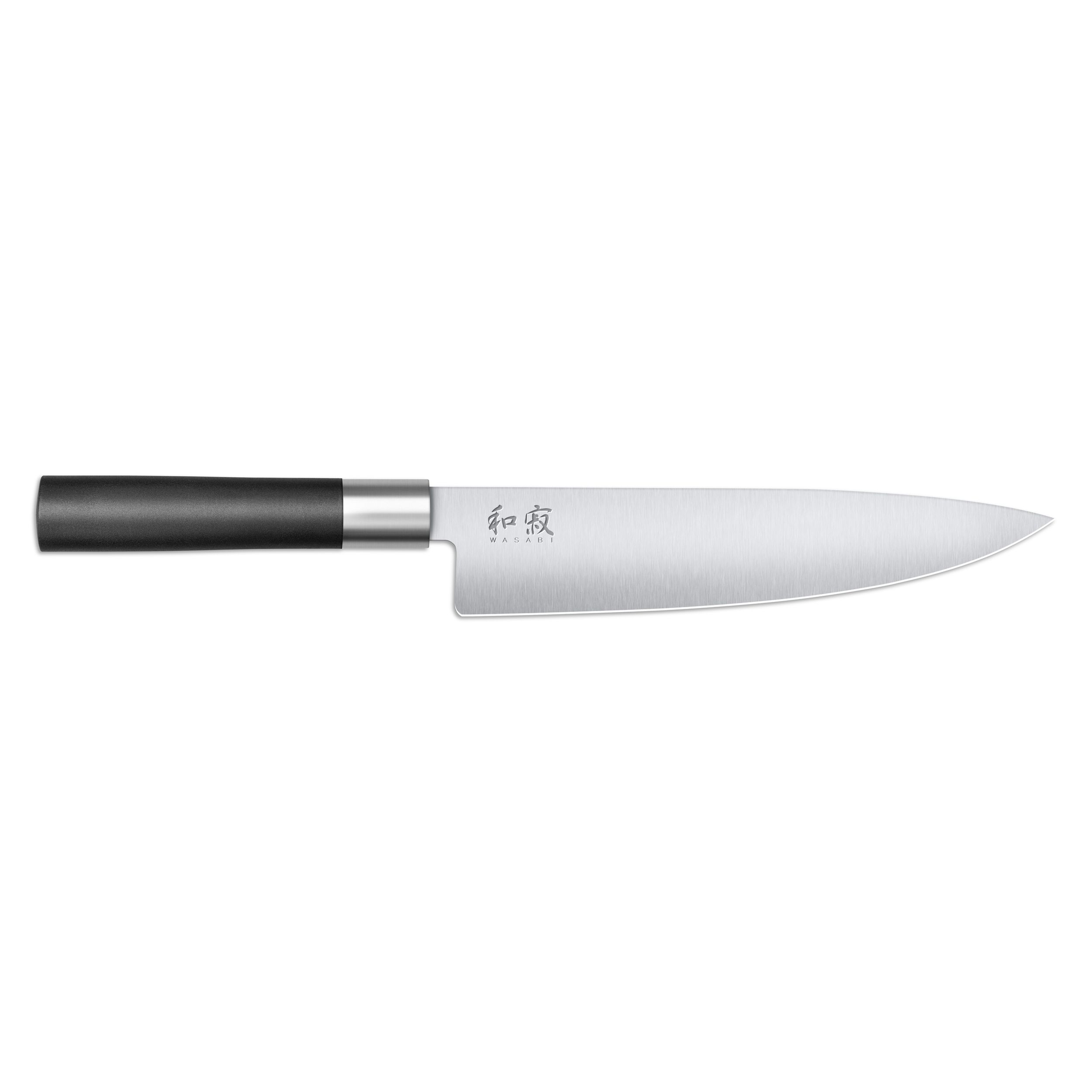 Ein Küchenmesser mit schwarzem Griff und silberner Klinge liegt horizontal vor weißem Hintergrund.