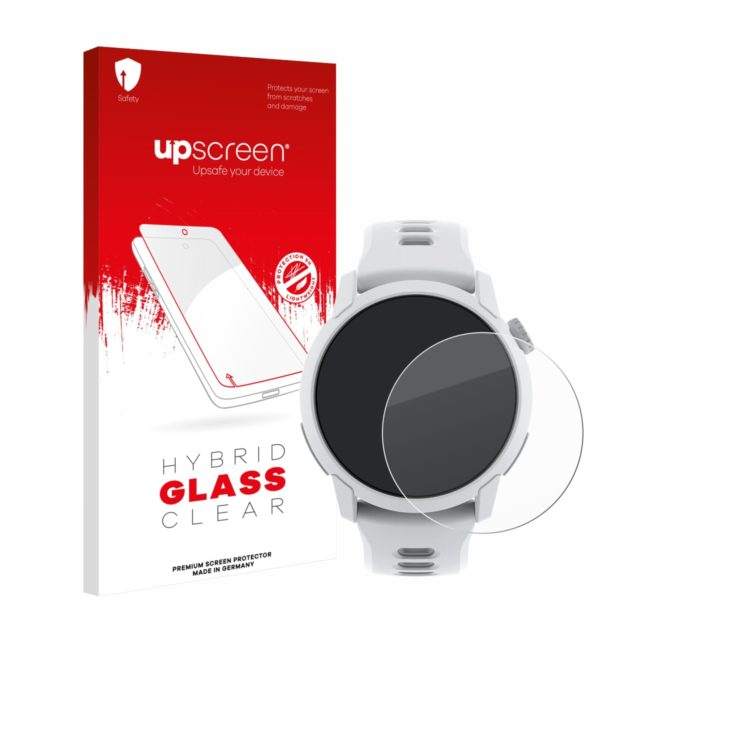 Eine Smartwatch mit Displayschutzfolie neben der Verpackung mit 'upscreen' und 'Hybrid Glass Clear' darauf.