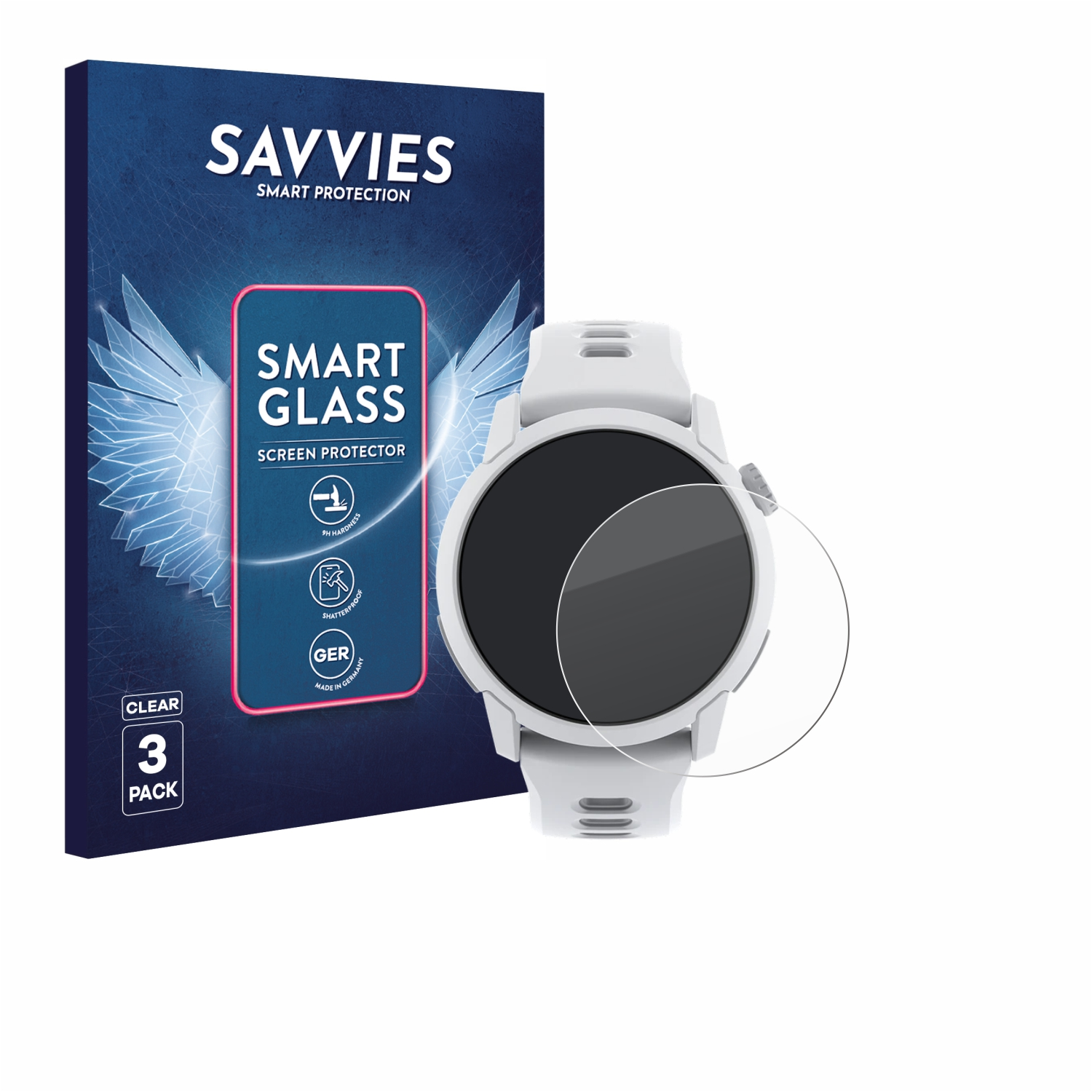 Eine Smartwatch mit Displayschutzfolie neben einer Packung Displayschutzfolien. Auf der Packung steht SAVVIES SMART GLASS, CLEAR.