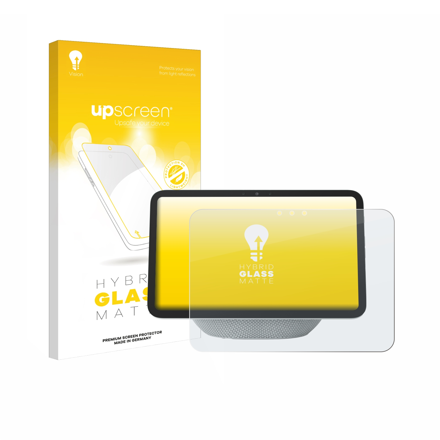 Eine Displayschutzbox mit Tablet und Displayschutzfolie. Auf der Box steht 'upscreen' und 'HYBRID GLASS MATTE'.