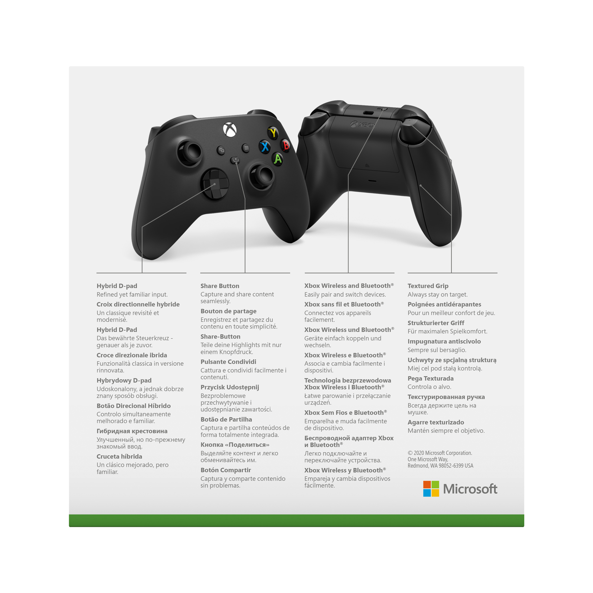 Schwarzer Xbox-Controller auf weißem Hintergrund, mit Text und Microsoft-Logo.