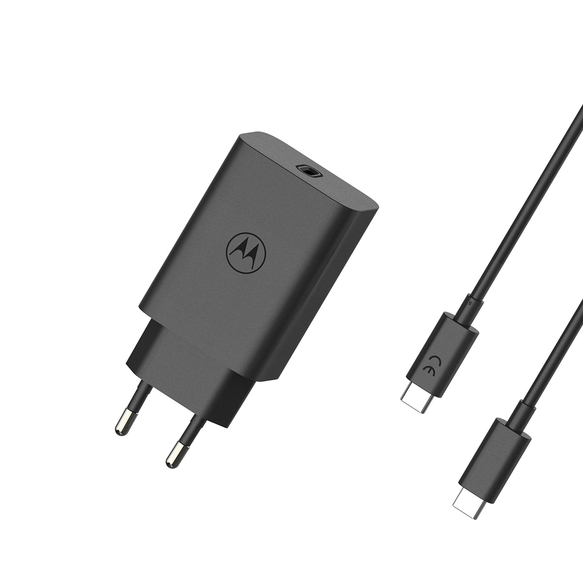 Dunkelgraues Motorola-Ladegerät mit Kabel. Das Ladegerät hat ein Motorola-Logo. Das Kabel hat einen Typ-C-Anschluss.