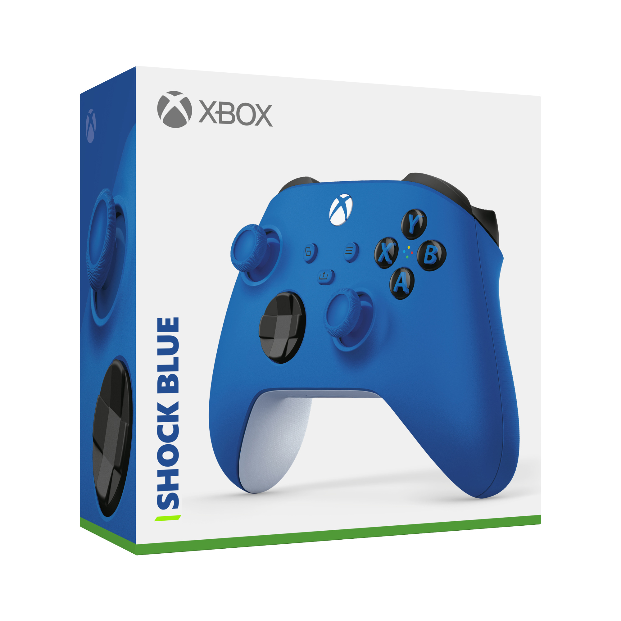 Kontroler i pudełko Xbox Shock Blue na białym tle. Kontroler jest niebieski z czarnymi przyciskami. Pudełko jest biało-niebieskie.