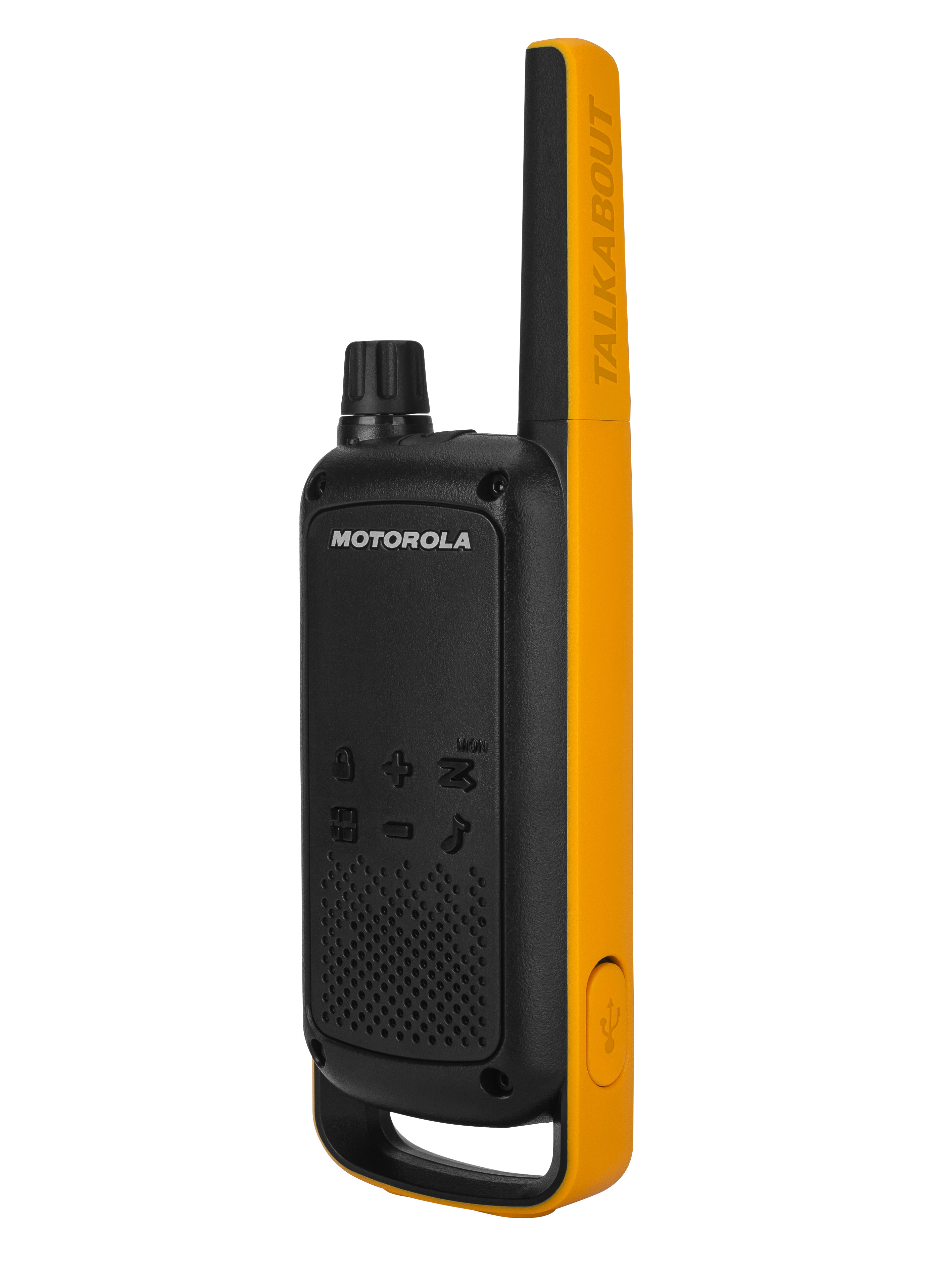 Ein Motorola Talkabout-Funkgerät mit schwarz-gelbem Farbschema, Antenne und Knöpfen.