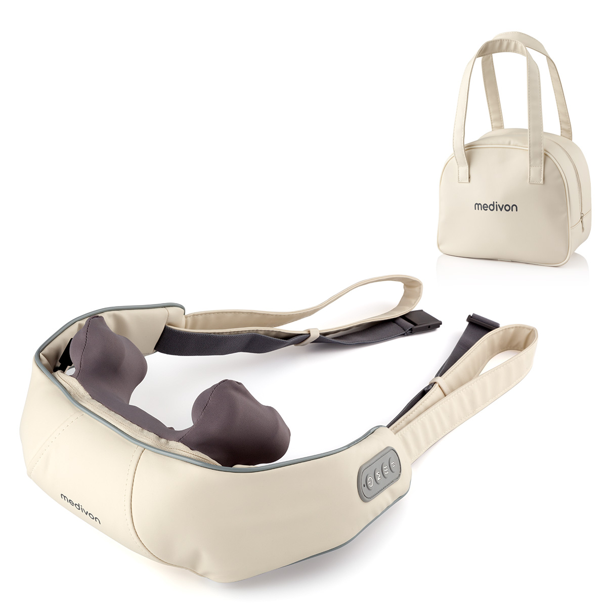 Un masajeador de cuello beige y una bolsa a juego. El masajeador tiene acolchado gris y botones de control. Ambos artículos tienen el logo 'medivon'.
