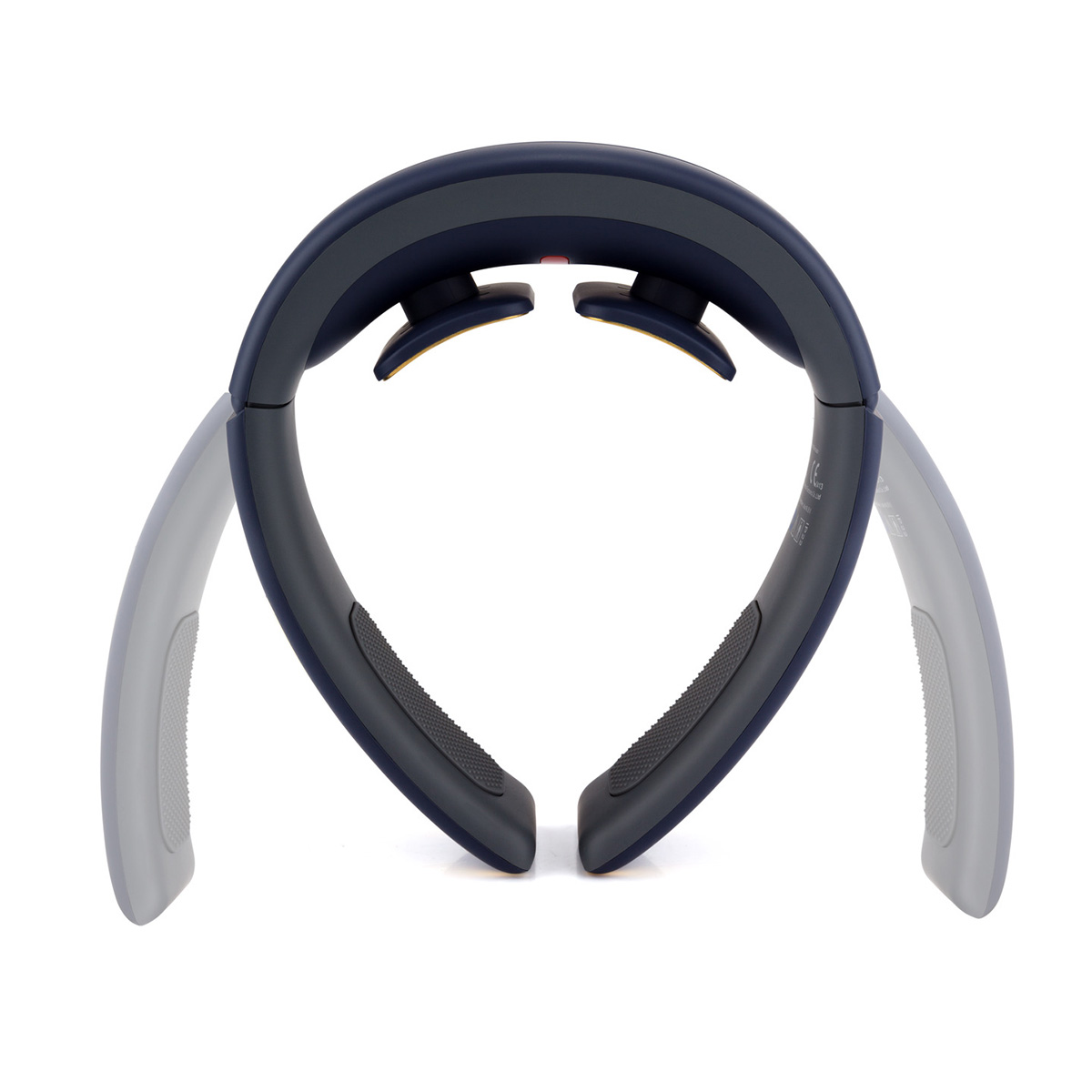 Un masajeador de cuello azul oscuro sobre fondo blanco. Tiene brazos y almohadillas curvadas. El dispositivo está diseñado para el cuello.