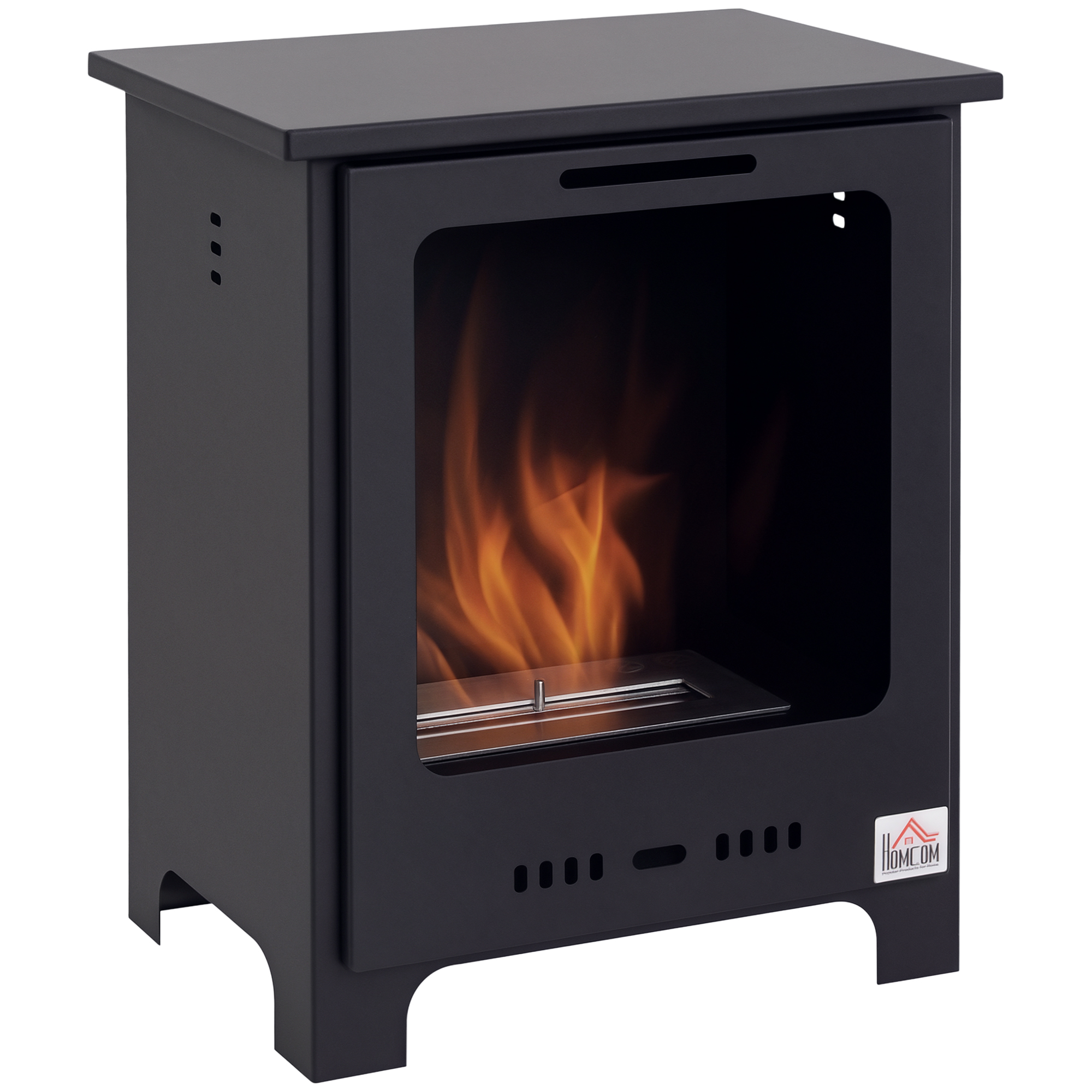 Caminetto in metallo nero con fiamme all'interno. Ha una forma quadrata e un logo del marchio.