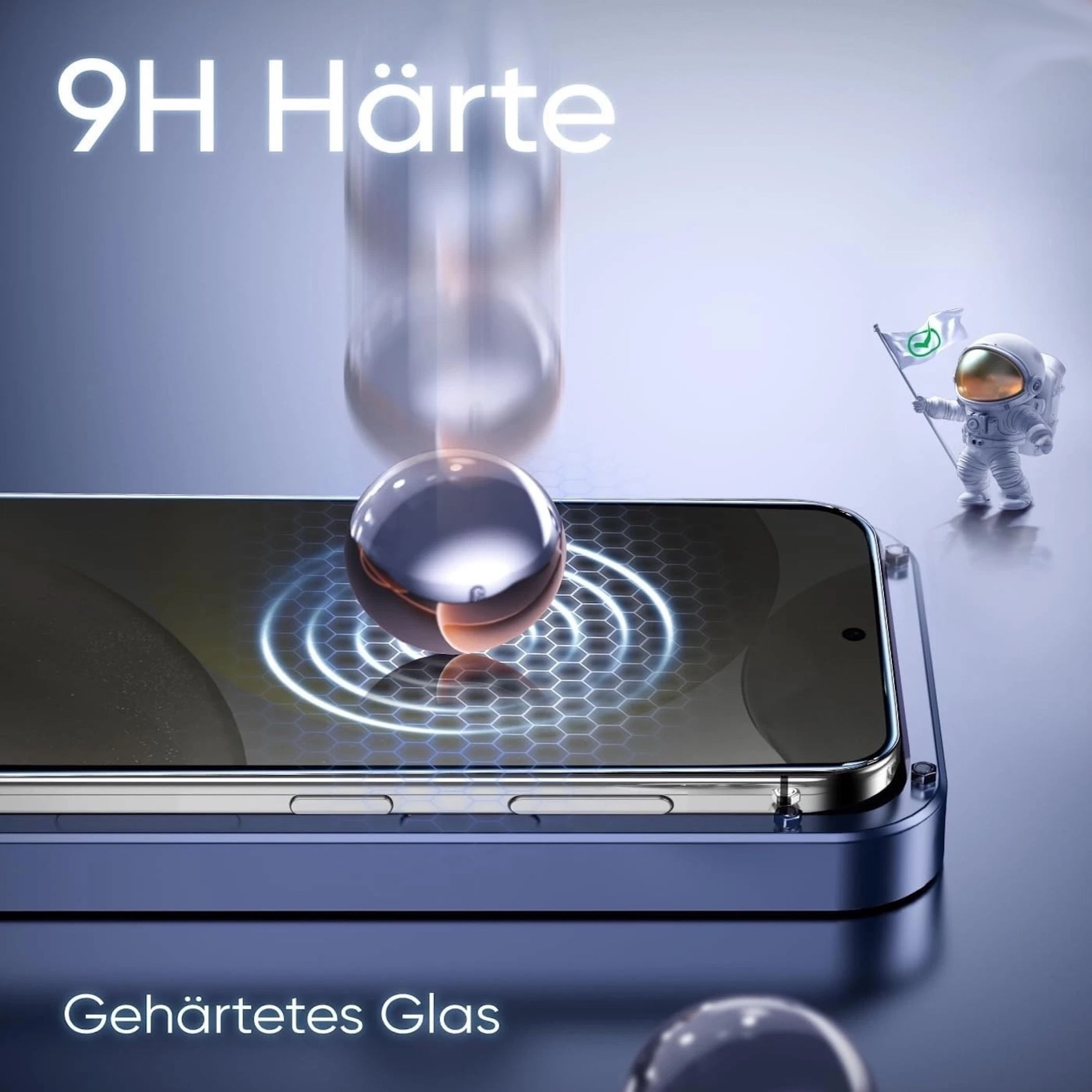 Ein Handy-Displayschutz mit einem fallenden Ball. Im Hintergrund steht ein Astronaut mit einer Flagge.