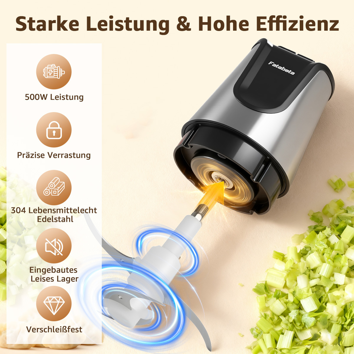 Ein Zerkleinerer mit Klingen, der Sellerie hackt. Der Text lautet 'Starke Leistung & Hohe Effizienz'. Merkmale sind links aufgeführt.