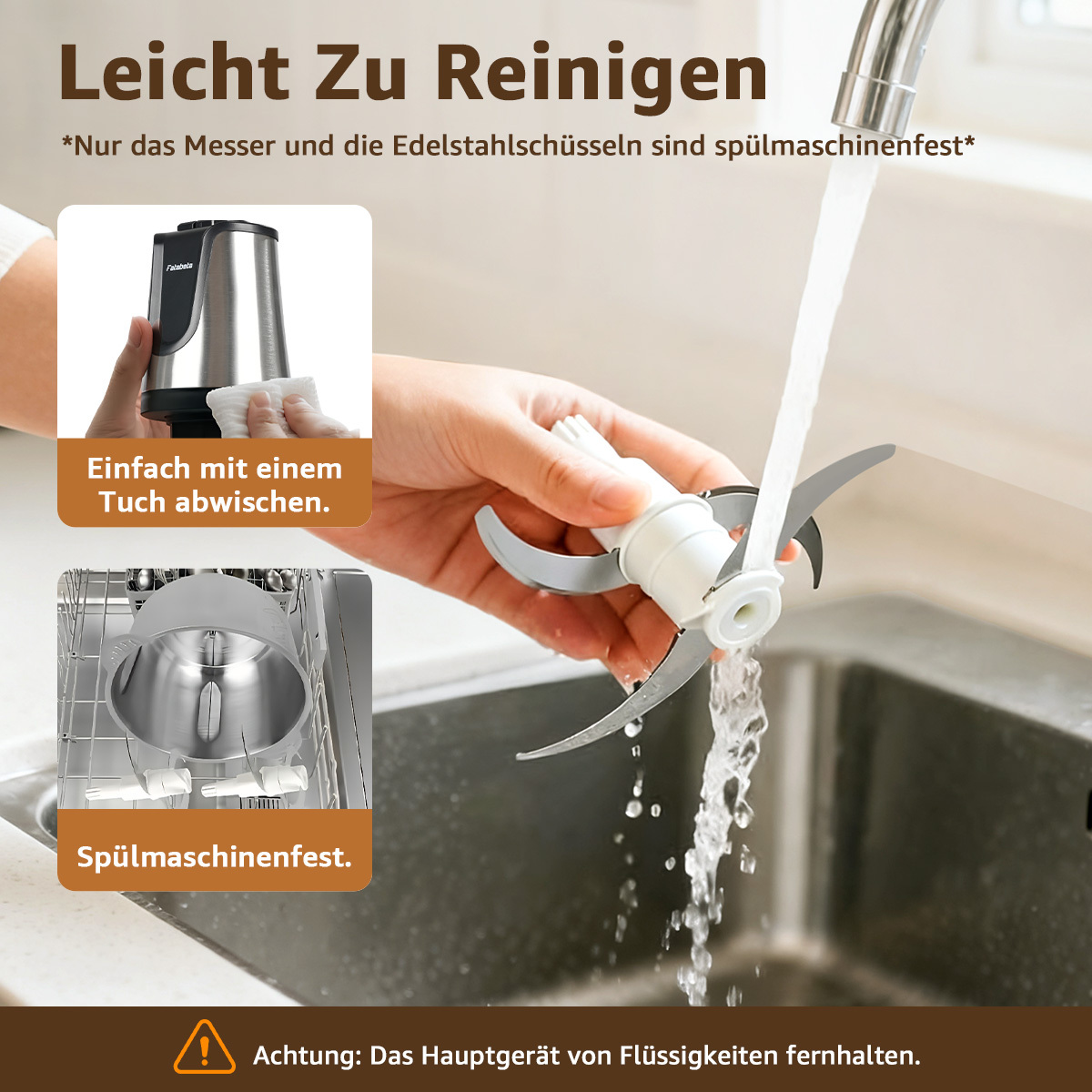 Eine Hand wäscht die Klinge eines Mixers unter einem Wasserhahn. Text enthält 'Leicht zu reinigen' und 'Spülmaschinenfest'.