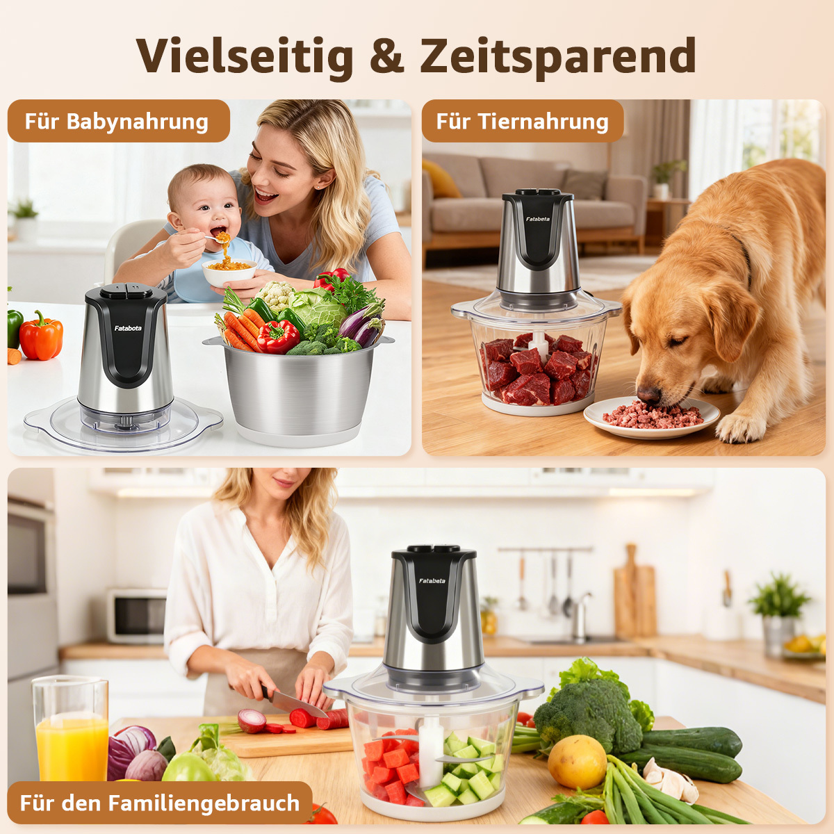 Ein Food Processor wird für Babynahrung, Tiernahrung und Familienkochen verwendet. Er hat eine silberne Basis und eine transparente Schüssel.