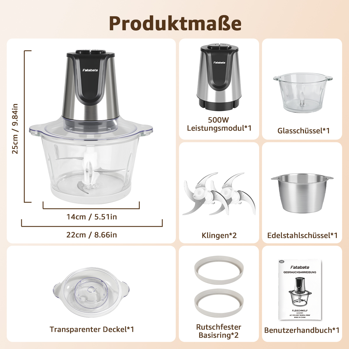 Ein Food-Processor mit Komponenten: Schüssel, Klingen, Motor und andere Teile. Abmessungen und Etiketten sind enthalten.