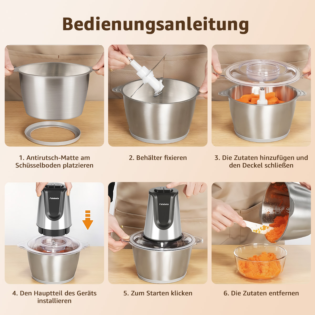 Anleitung für einen Zerkleinerer: Boden platzieren, Schüssel fixieren, Zutaten hinzufügen, Motor installieren, starten, und Essen entfernen.