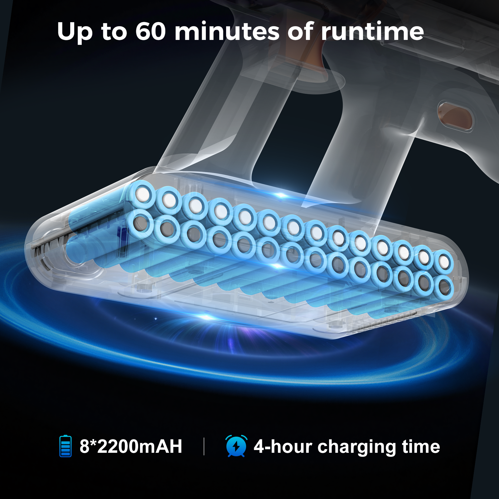Gros plan sur un bloc-batterie d'aspirateur avec texte indiquant 60 minutes d'autonomie, 8*2200mAh et 4 heures de charge.