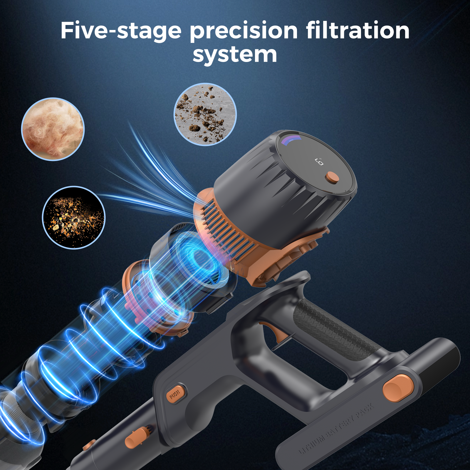 Composants d'aspirateur avec détails de filtration, incluant des échantillons de cheveux, poussière et débris. La poignée a un bouton orange.