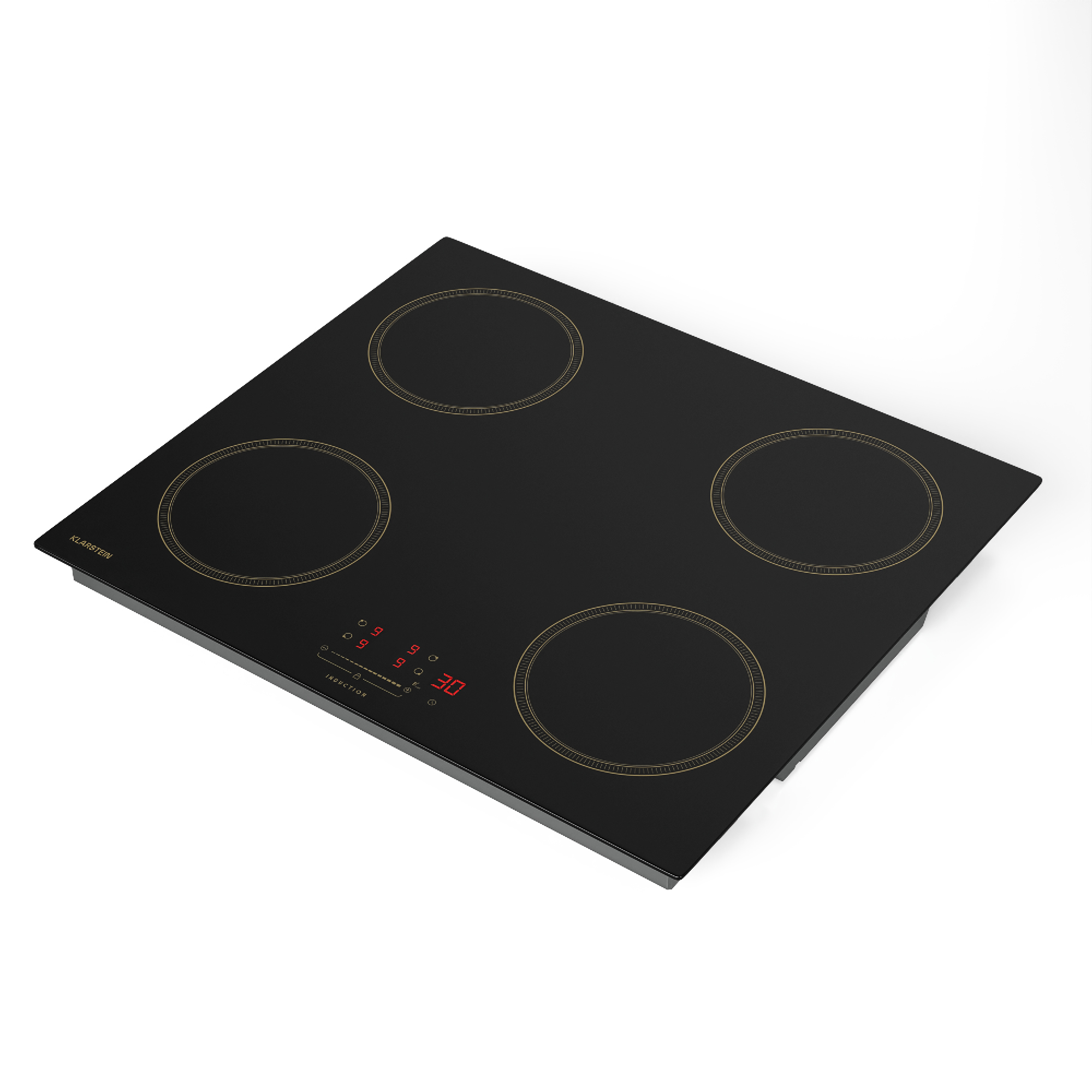 Placa de inducción negra con cuatro quemadores y pantalla digital. Detalles dorados. Fondo blanco.