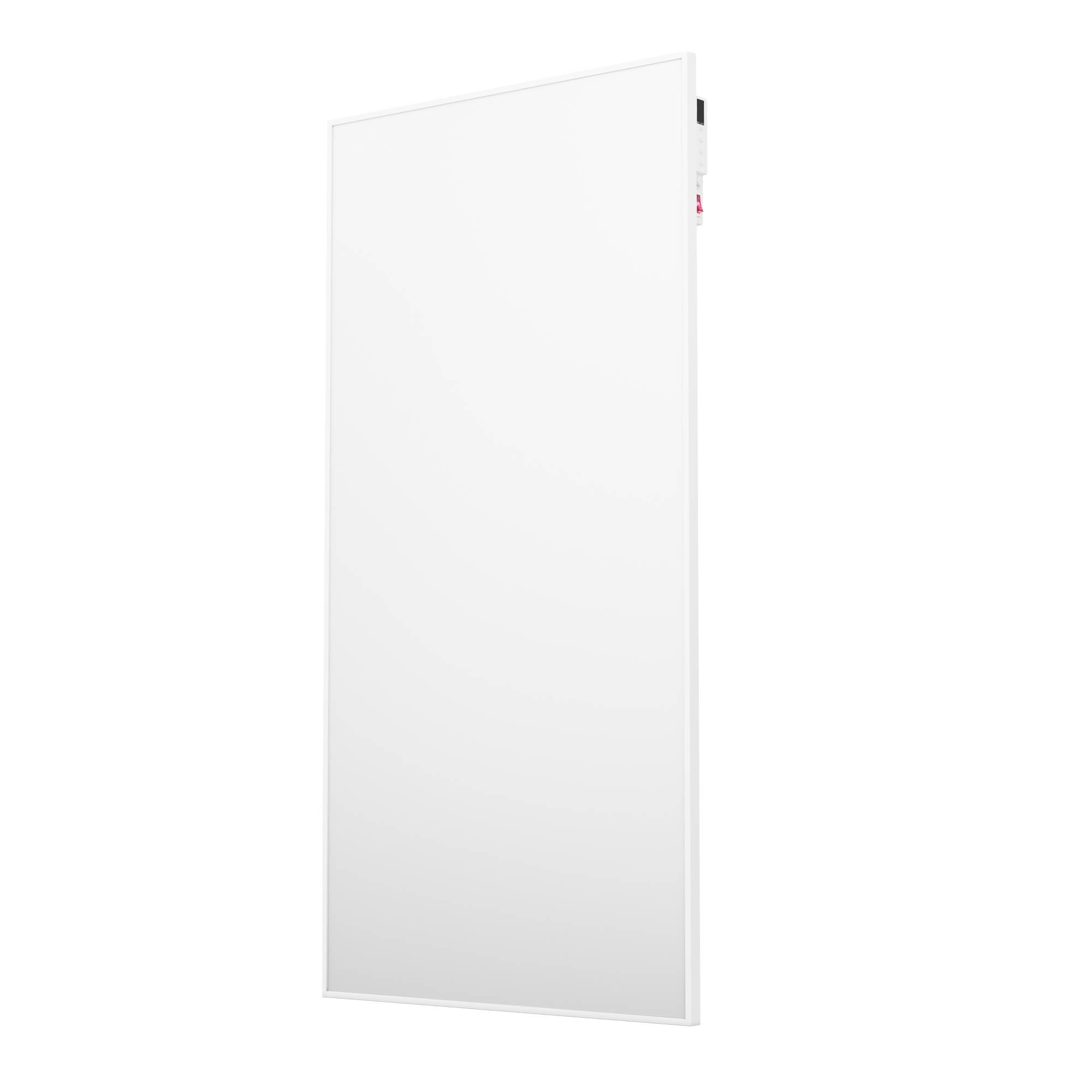 Un panel rectangular blanco. Tiene un marco blanco. Un componente negro es visible en el lado derecho. El fondo es blanco.