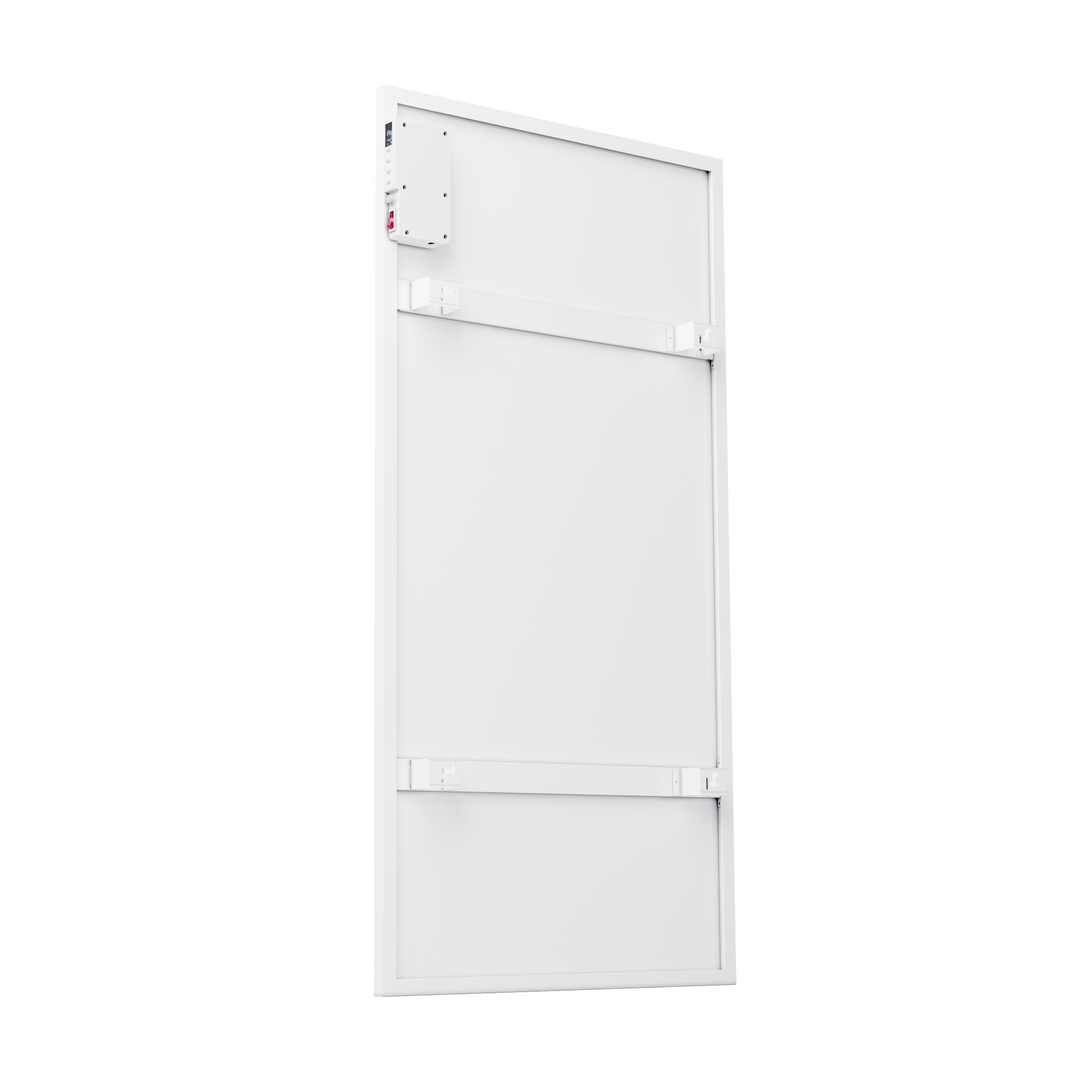 Un panel blanco con marco. Tiene una pequeña caja de control con un interruptor rojo. Tiene soportes metálicos.