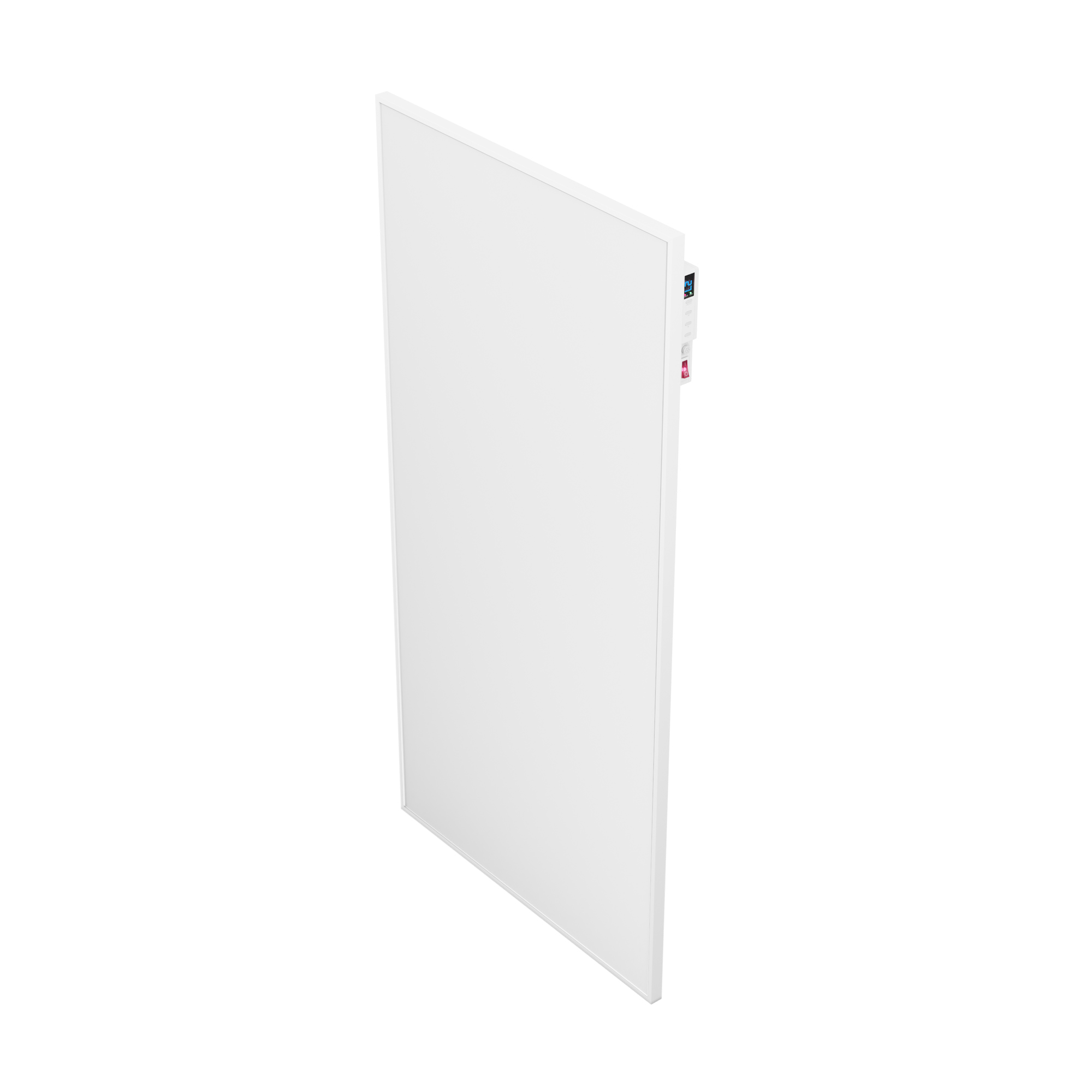 Calentador eléctrico blanco, inclinado hacia la derecha. Tiene una pantalla digital y un interruptor.