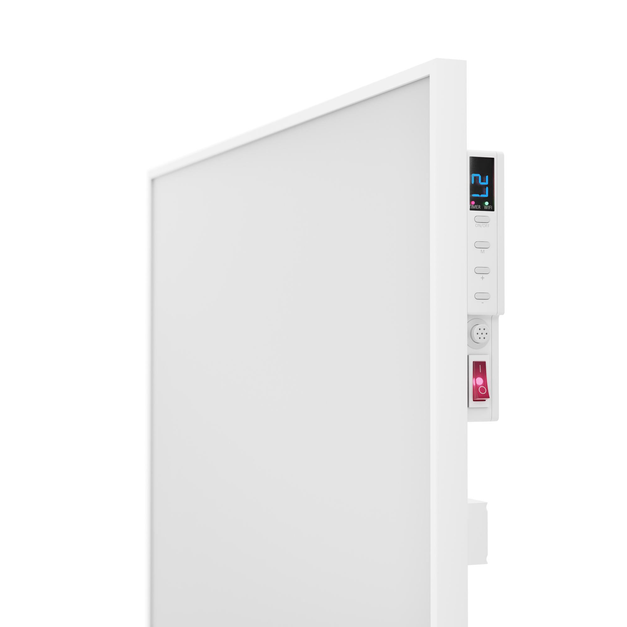 Calentador eléctrico blanco con pantalla digital que muestra la temperatura, botón de encendido y un interruptor rojo.