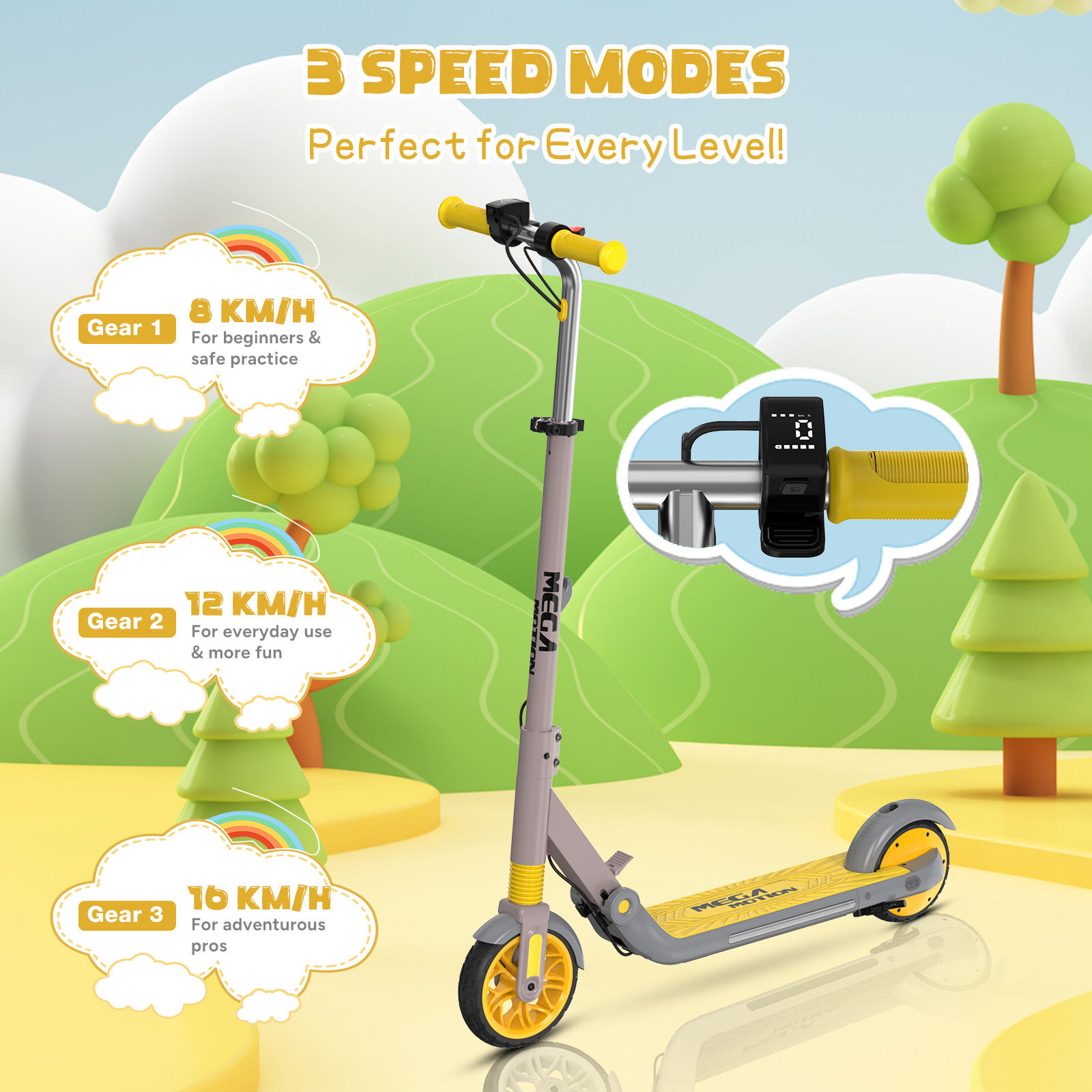 Wyświetlany jest skuter elektryczny z żółtymi akcentami. Tło przedstawia krajobraz w stylu kreskówkowym ze wskaźnikami trybu prędkości.