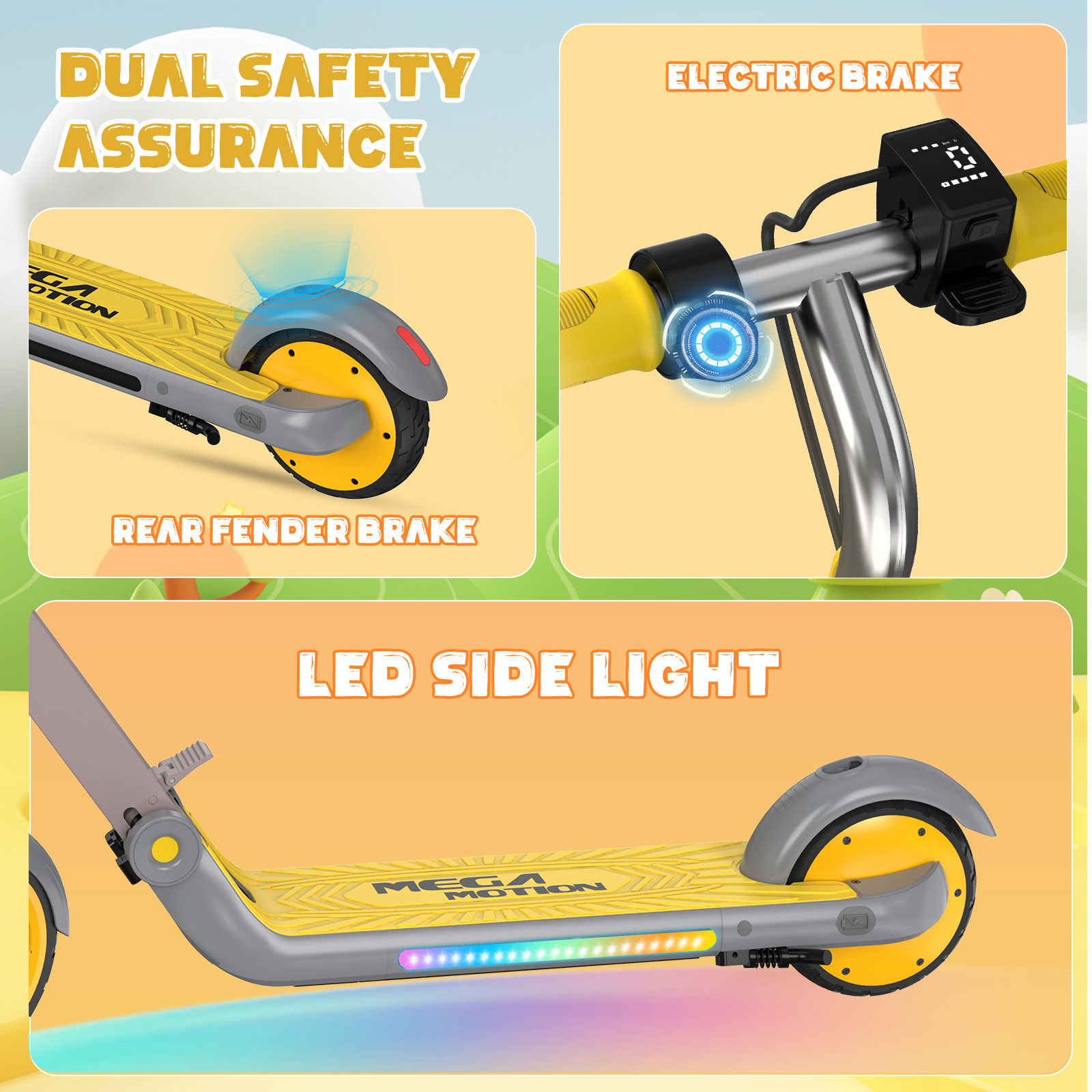 Obraz przedstawia hulajnogę elektryczną z żółtymi i szarymi elementami. Zawiera tylny hamulec błotnika i boczne światła LED.