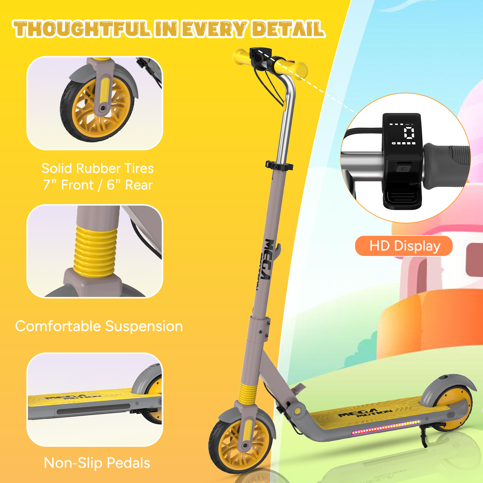 Hulajnoga elektryczna z żółtymi i szarymi akcentami, wyświetlaczem HD i pełnymi gumowymi oponami, zaprojektowana z myślą o komforcie.