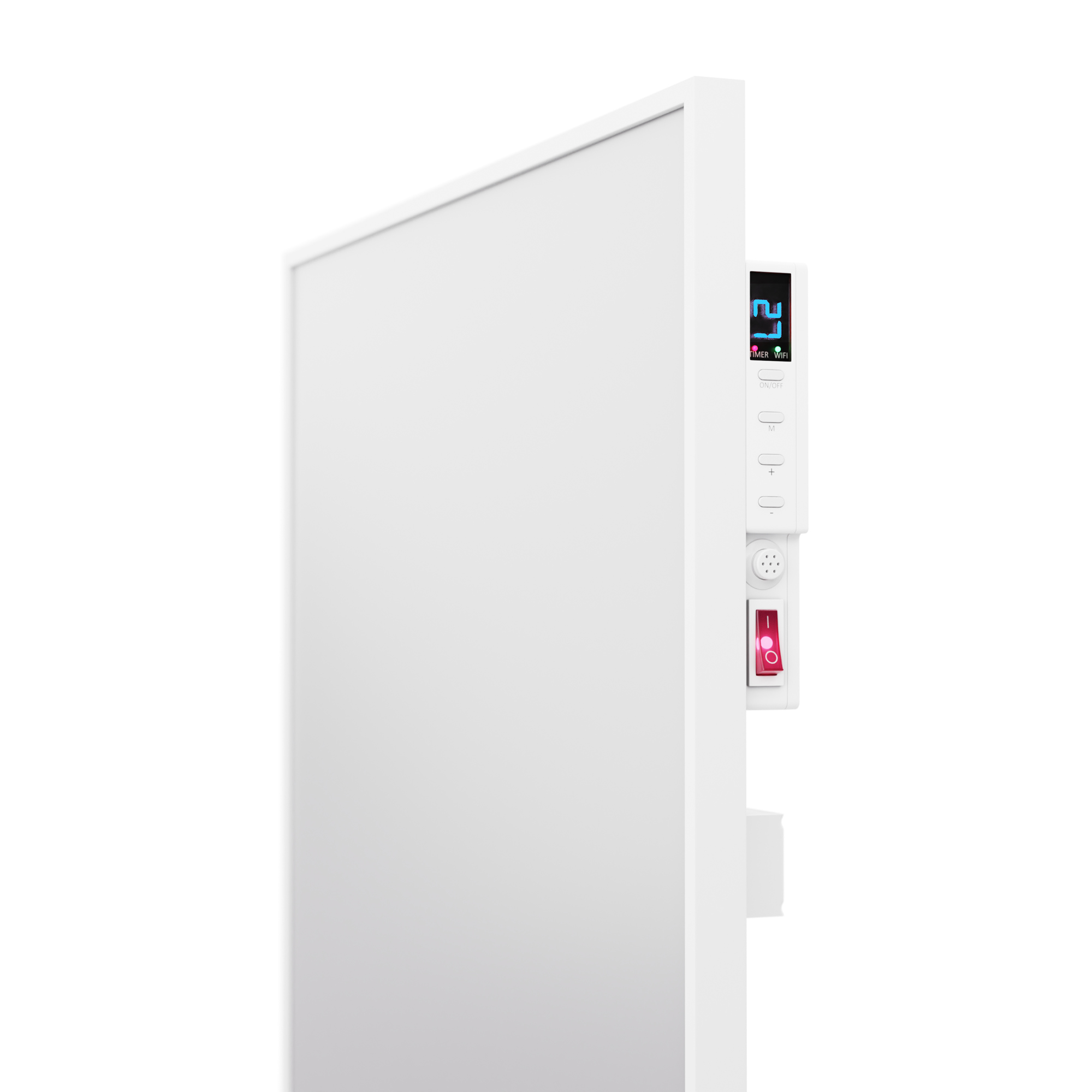 Weißer Elektroheizer. Die Seite hat ein Display mit Zahlen, Tasten und einen roten Netzschalter.