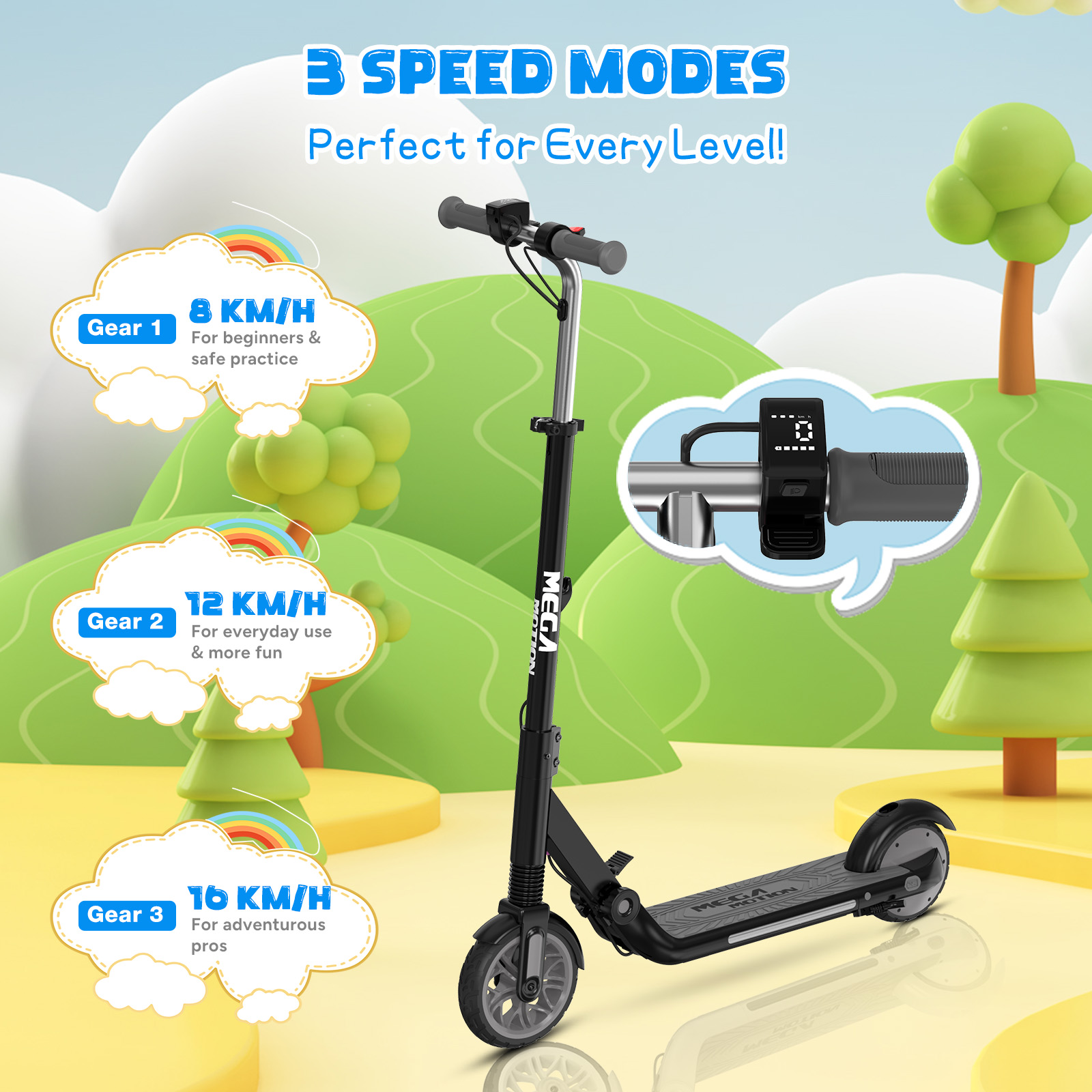 Czarna hulajnoga elektryczna z trybami prędkości. Chmury pokazują opcje prędkości: 8, 12 i 16 km/h. Tło z drzewami i zielonymi wzgórzami.