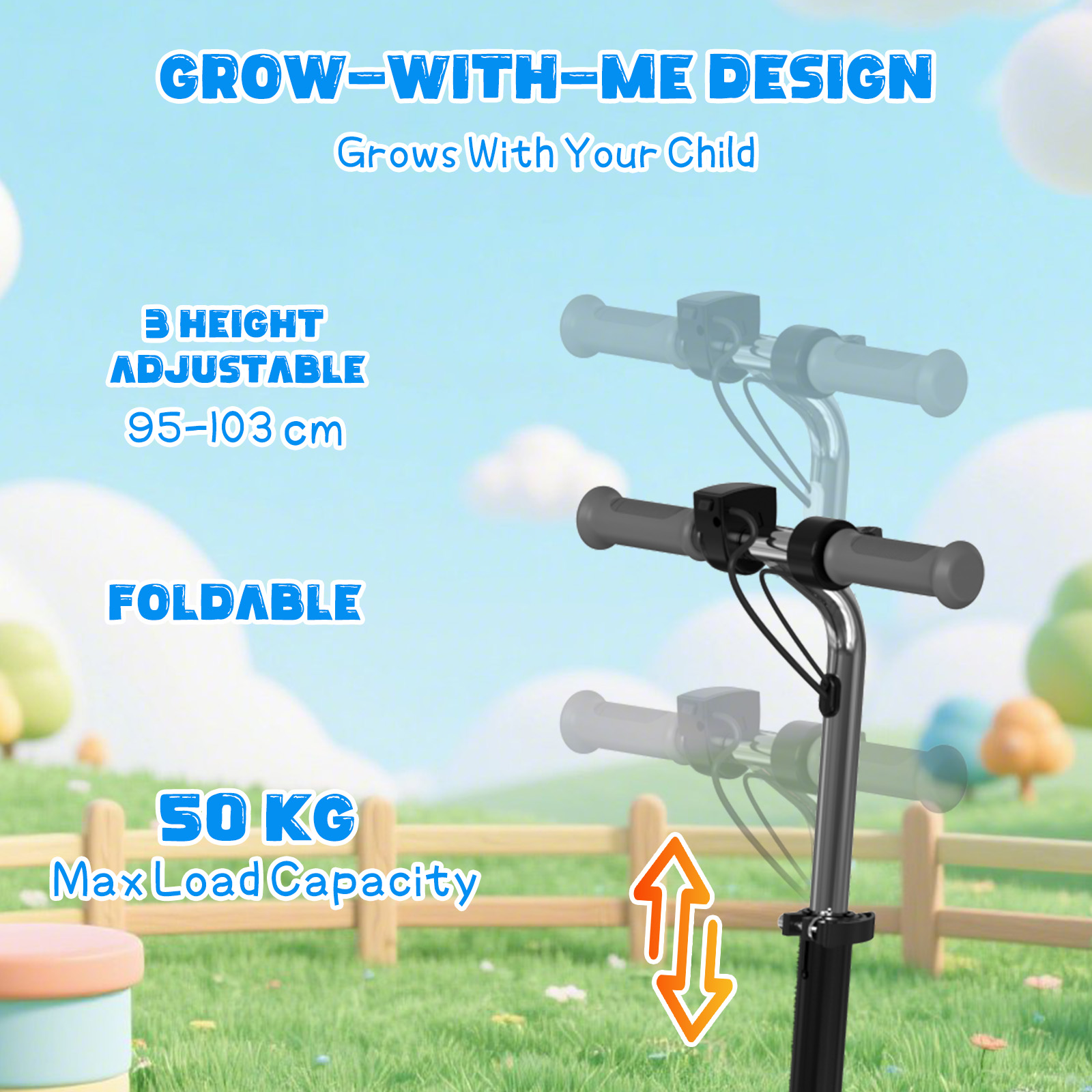 Hulajnoga z regulacją wysokości, składana konstrukcja i maks. obciążenie 50 kg, tło nieba i park.
