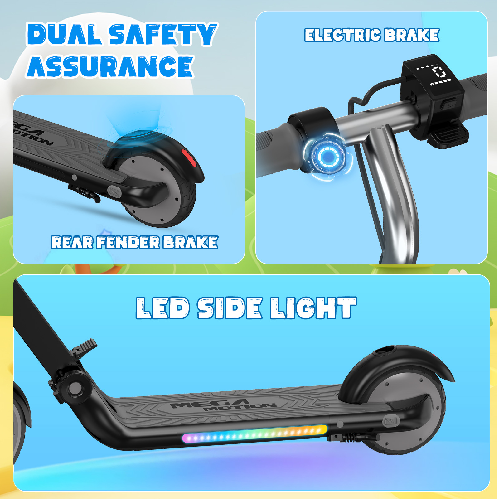 Hulajnoga elektryczna z podwójnym zabezpieczeniem: hamulec tylnego błotnika, hamulec elektryczny i boczne światło LED. Hulajnoga jest czarna.