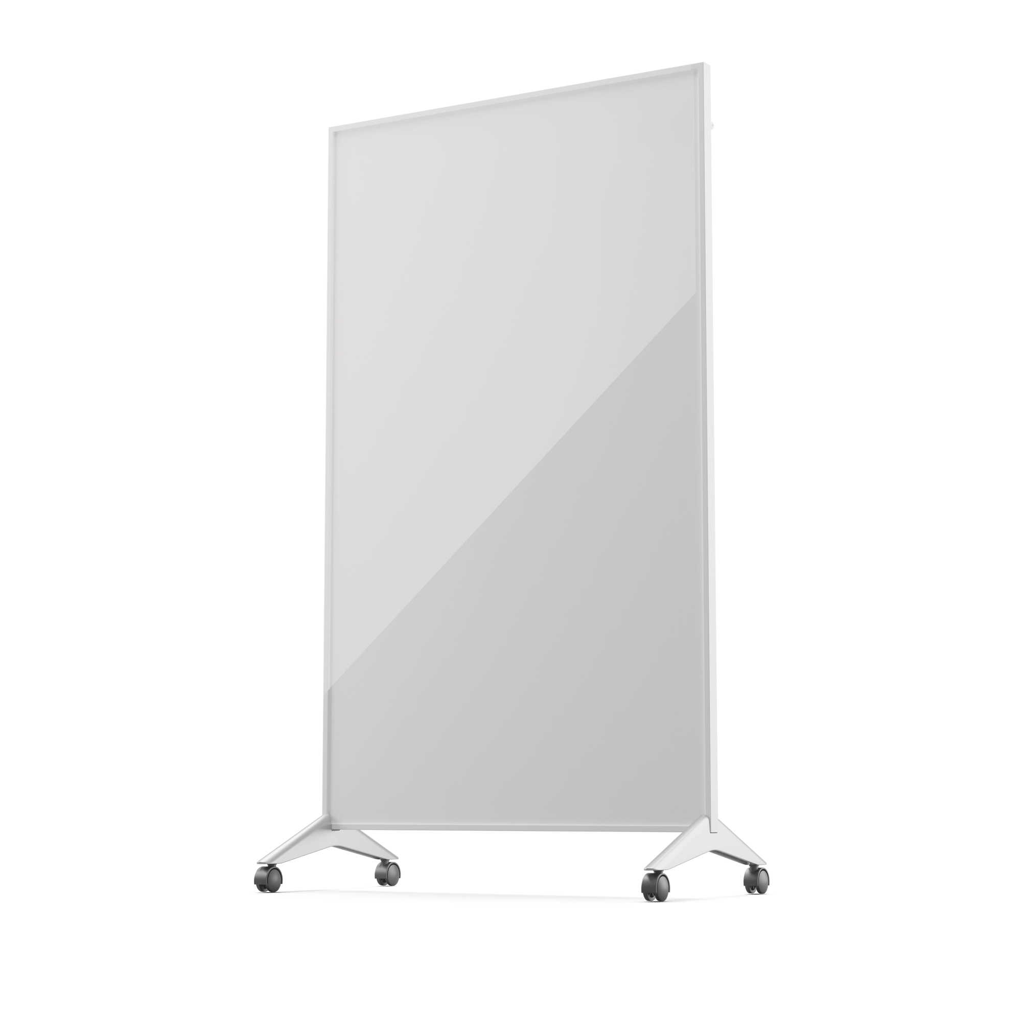 Ein weißer, rechteckiger Glasbildschirm auf einem Rollgestell. Der Bildschirm hat eine reflektierende Oberfläche.